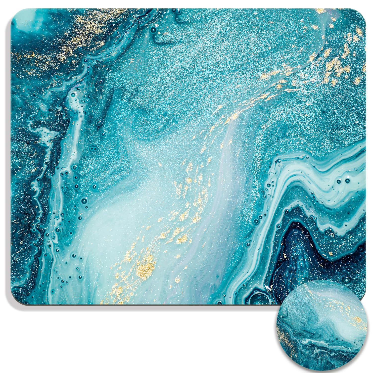 Square Mouse Pad with Coaster, Soft Cute Computer Mouse Mat with Non-Slip Rubber Base, Easy to Slide, Splash Resistant Surface, Personalized Design, Portable, Blue Marble