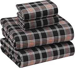 RUVANTI Flannel Sheets Queen Size - 100% Cotton Brushed Bed Sheet Sets - Deep Pockets 16 Inches (fits up to 18") - All Seasons Breathable & Super Soft - Warm & Cozy - 4Pcs - Peach & Black Plaid