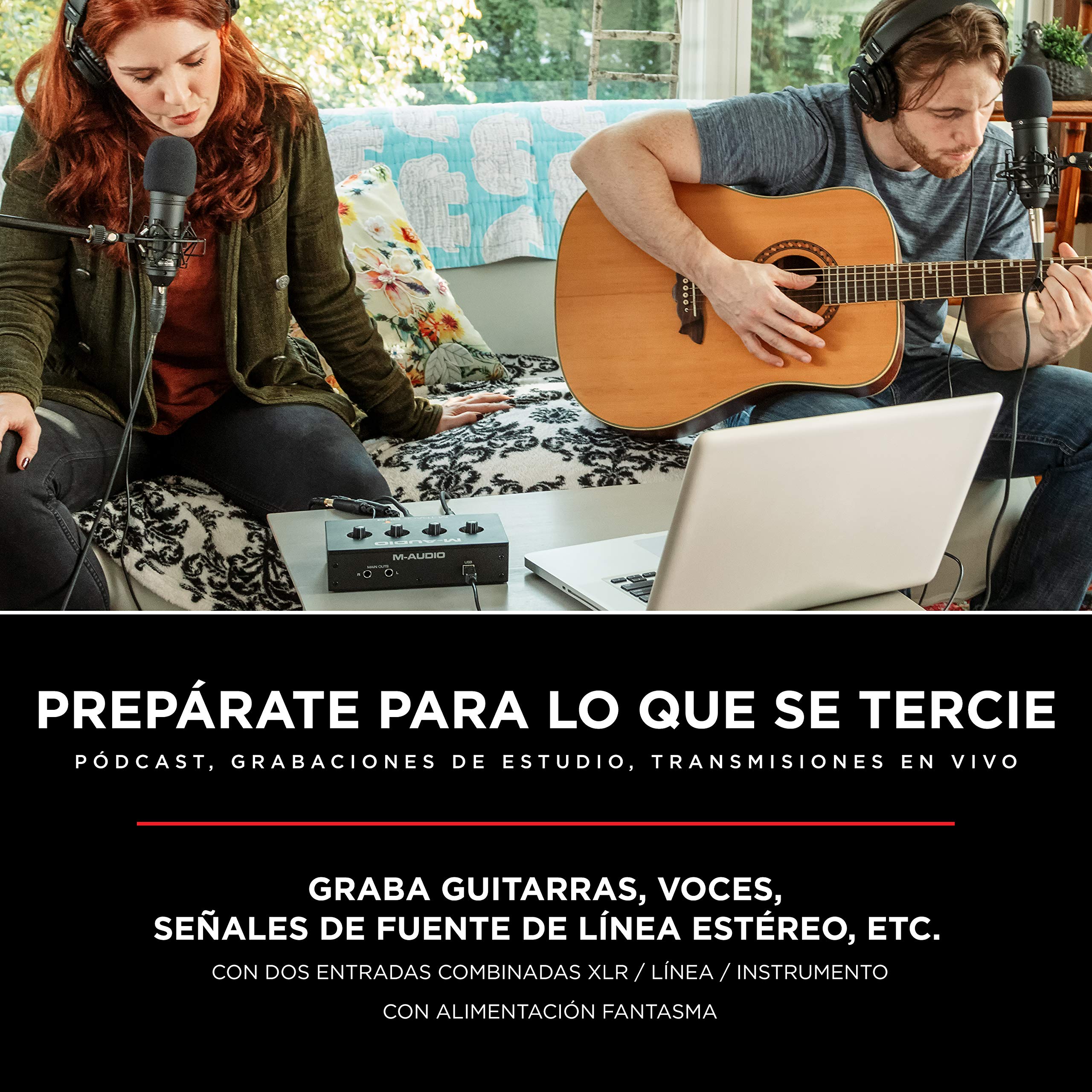 M-Audio M-track Duo + auriculares HDH40 - interfaz de audio, tarjeta de sonido USB con Auriculares de estudio de diseño cerrado para grabación y monitorización en estudio