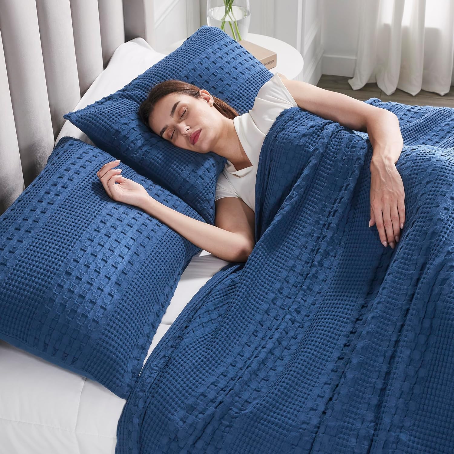 VHC Brands 100% Cotton Waffle Weave Navy Blue Queen Size Sham Set of 2 20x30, Decorative Throw Pillow Covers/Shams, Boho Farmhouse Bedroom Decor