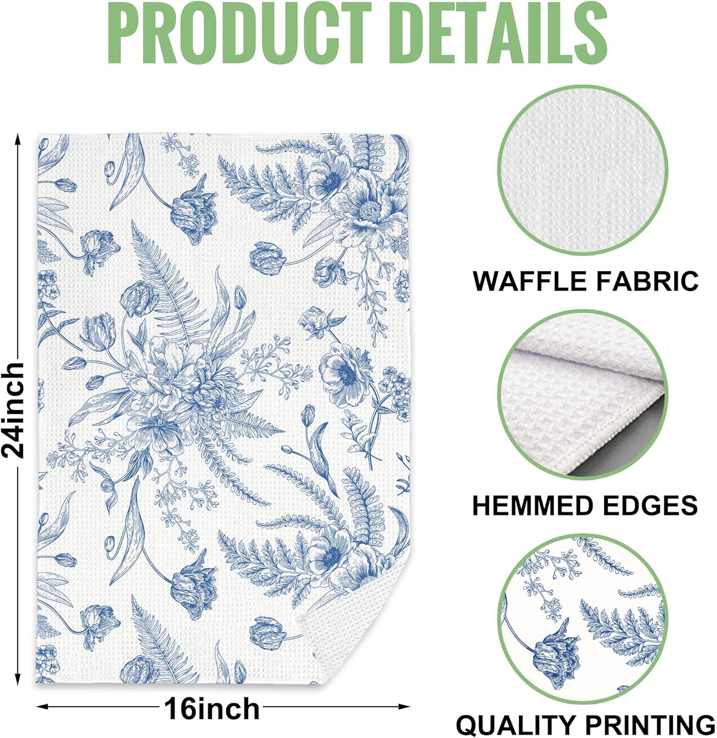 2 Pack Hand Towels Blue Flowers Peonies Roses Kitchen Towel Absorbent Decorative Towels Set for Drying,Cleaning,Cooking,Bathroom,Holiday 16x24 Inches - Image 2