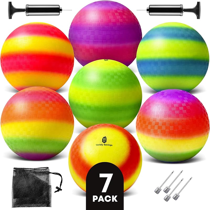 7 Pack Playground Balls (8.5 Inch) – Dodgeball & Kickball Set for Kids, Includes 2 Pumps, 4 Pins, Mesh Bag – School & Outdoor Play
