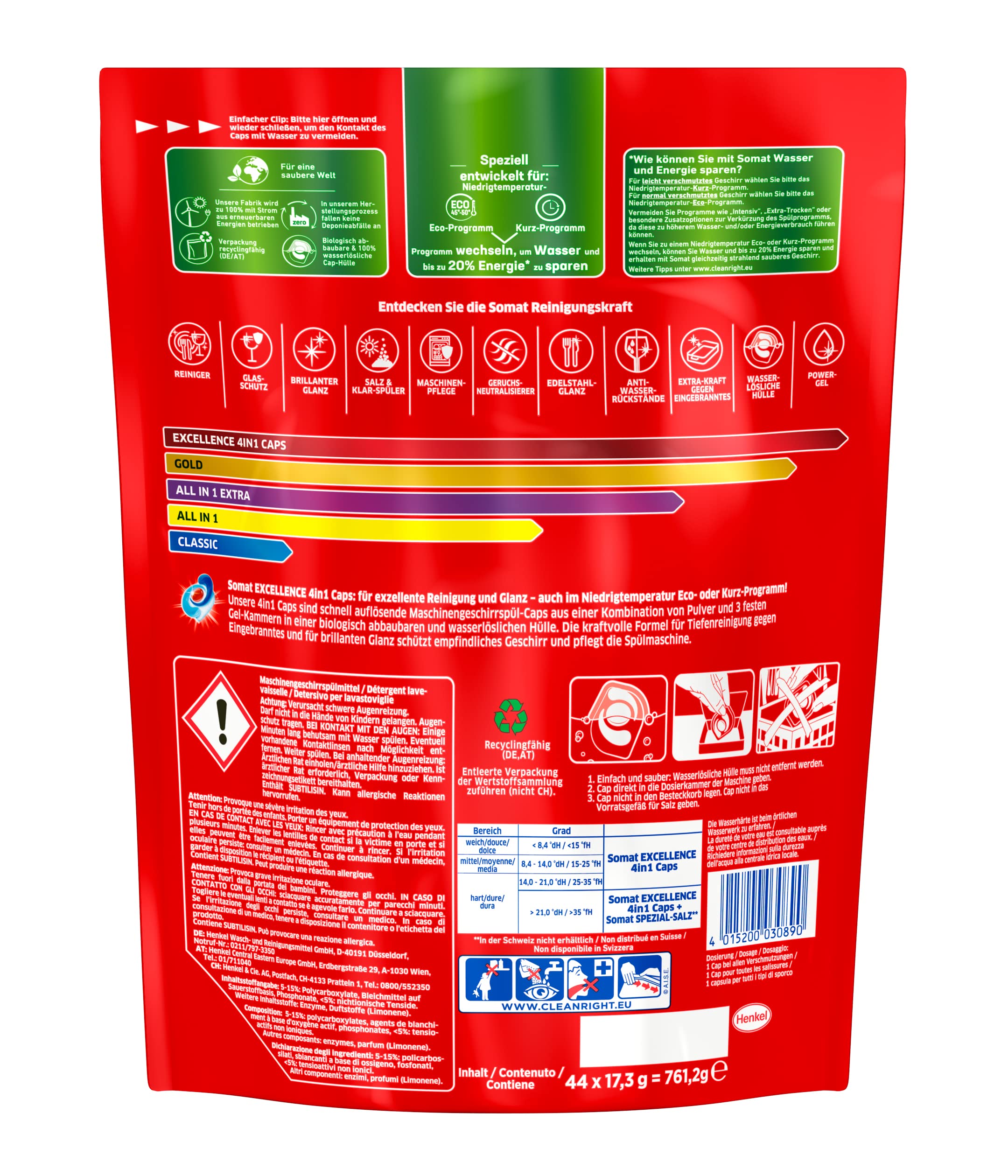Somat Excellence 4in1 Caps (176 Stück), schnellauflösende Spülmaschinentabs, für exzellente Reinigung & Glanz sogar im Eco-Programm & bei niedrigen Temperaturen