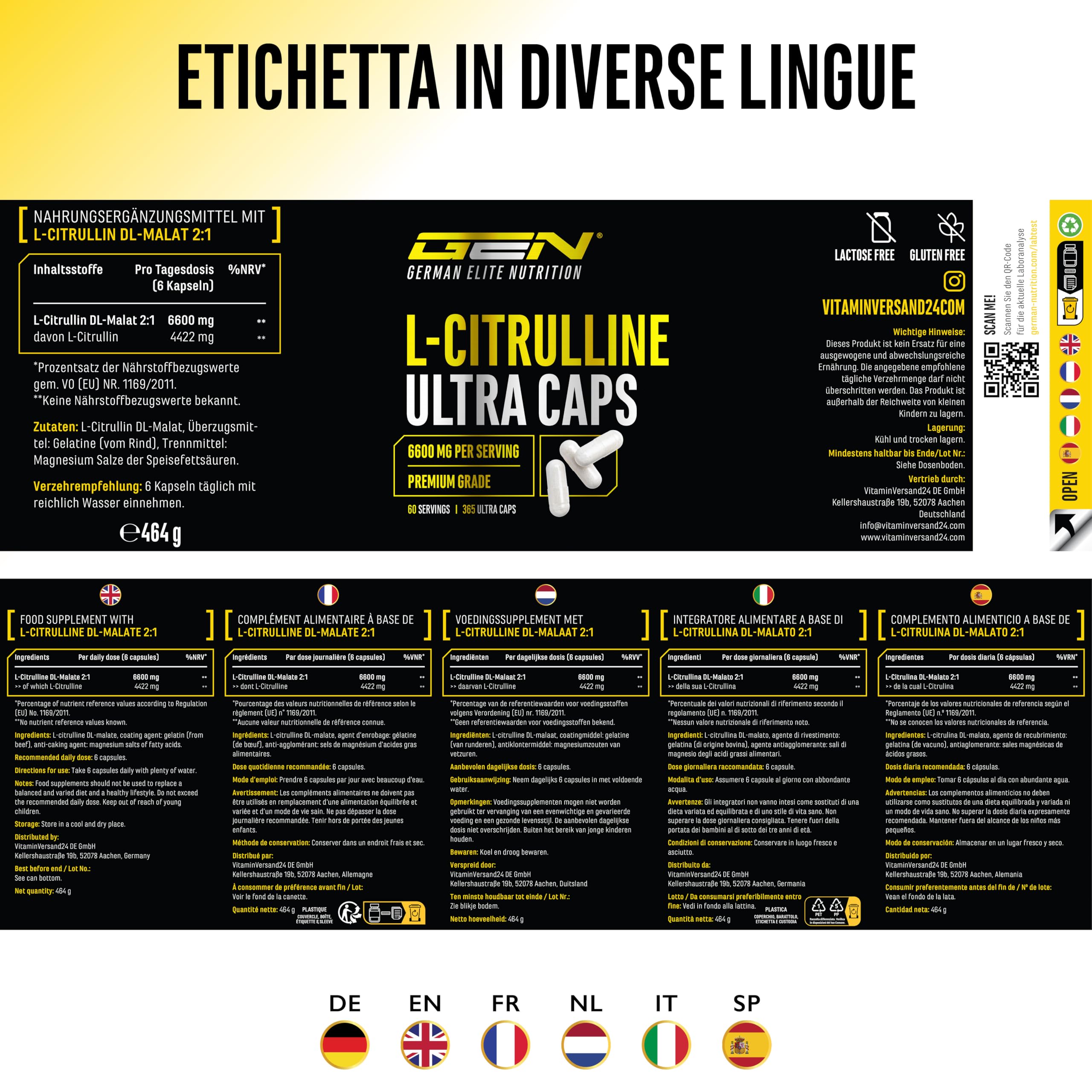 L-Citrullina Ultra Caps - 365 capsule - Alto dosaggio con 1100 mg per Capsula - L-Citrullina DL-malato 2:1 da fermentazione vegetale - Aminoacido premium
