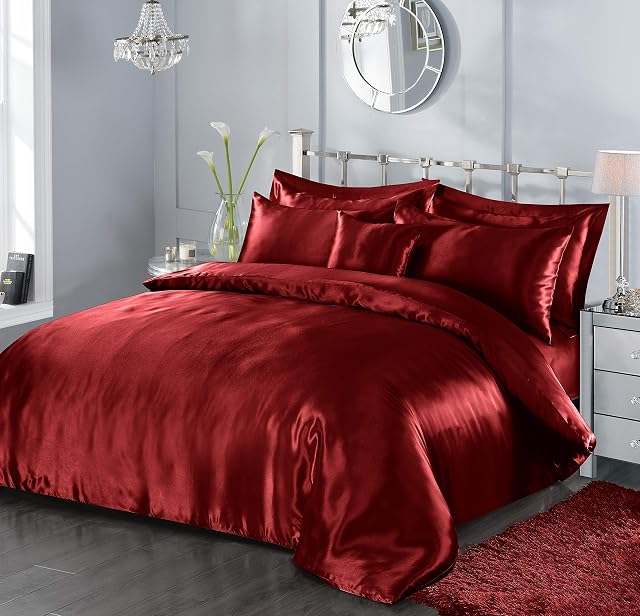 7 Piece Satin Sheets Super Soft Shiny Bedding Sets, 1 x Duvet Cover, 1 x Fitted Bed Sheet, 4 x Pillow Cases, 1 x Cushion Cover, Full Complete Bed Set (Red, Double)
