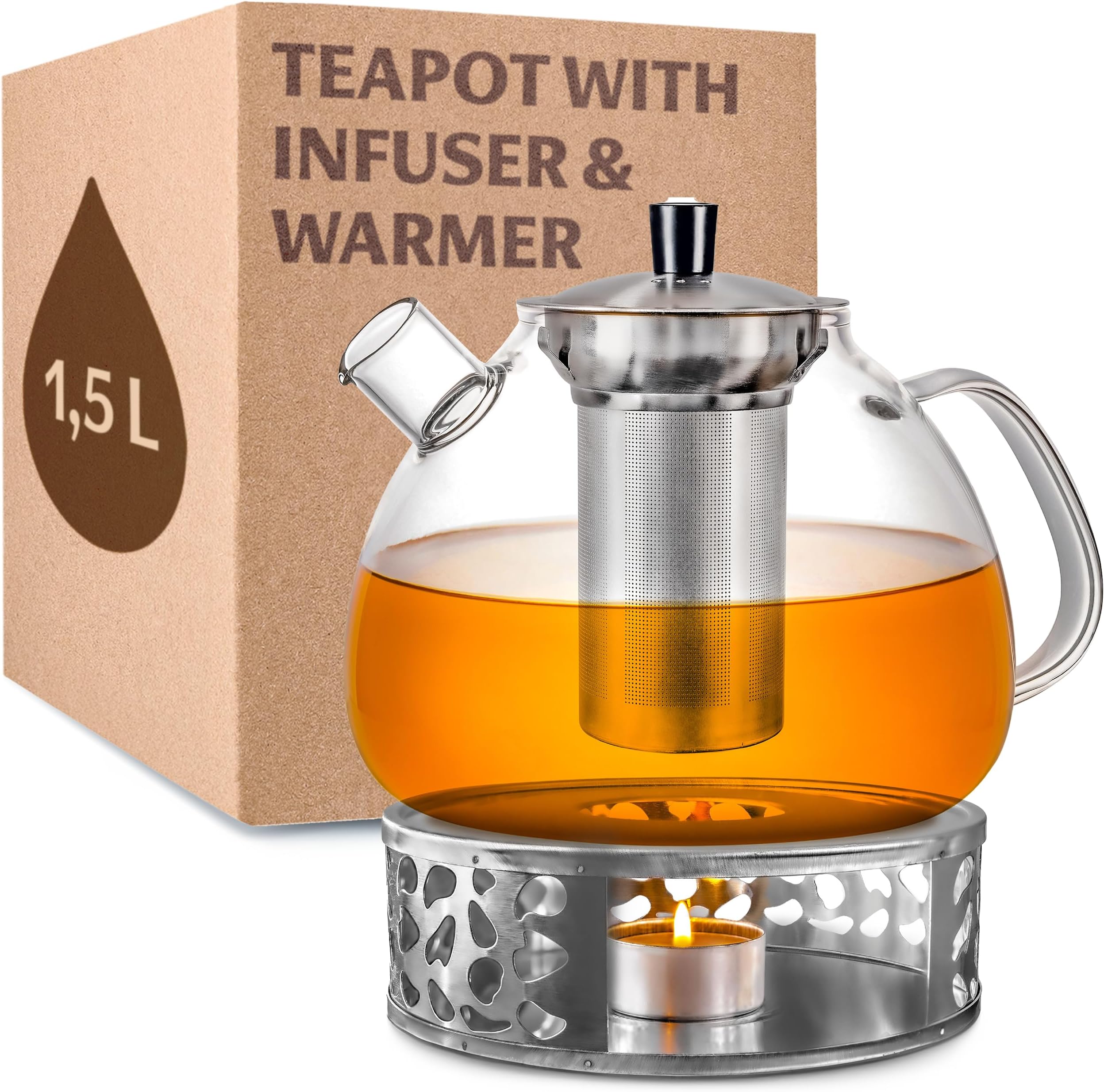 Sponsored Ad – Cosumy Teapot with Infuser and Warmer - 1.5 litres - Keeps Warm for a Long Time - Dishwasher Safe - Glass Tea Maker Large