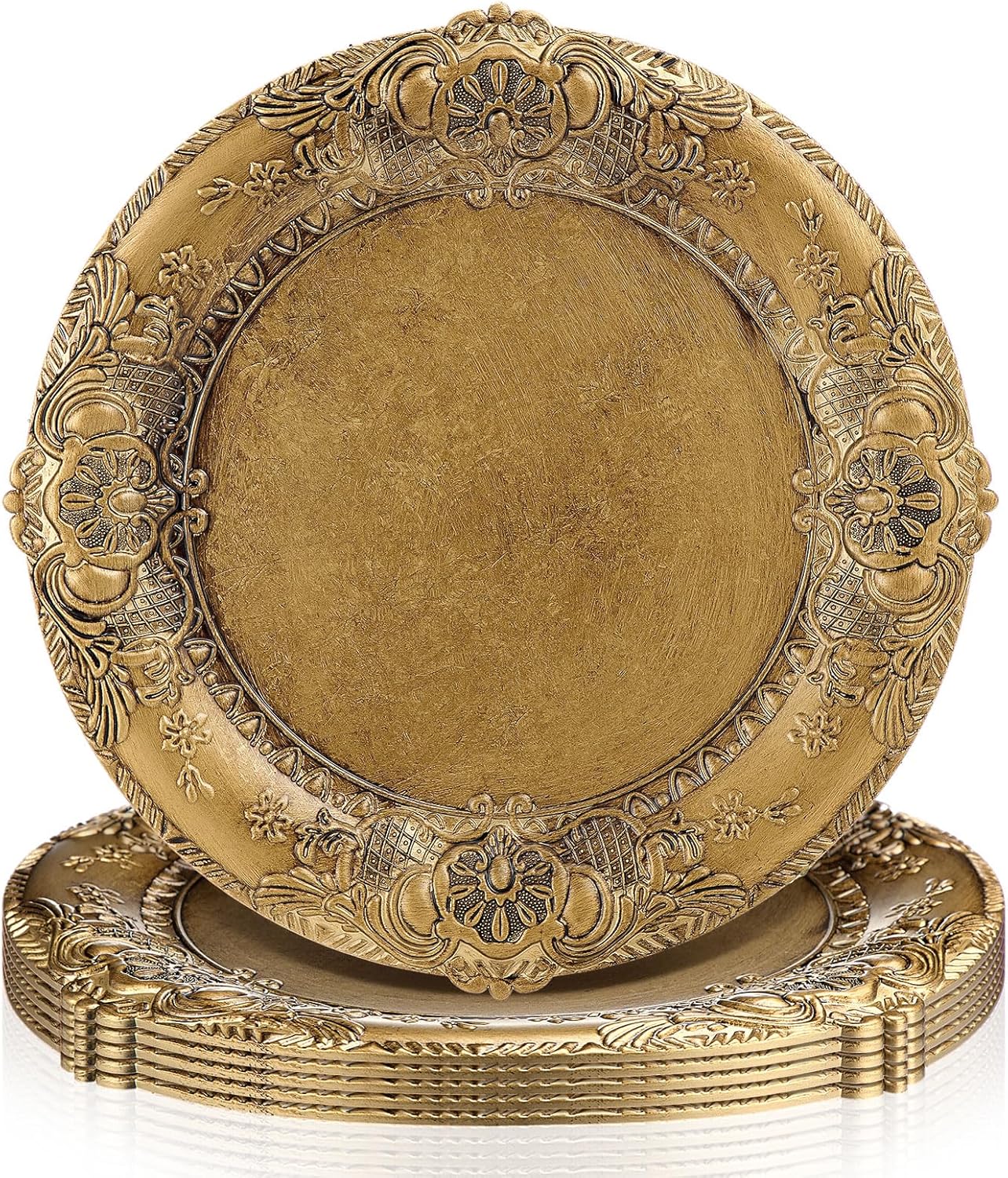 Mifoci Antique Gold Charger Plates Set of 12 Plastic Gold Chargers for Dinner Plates Decorative 13" Round Plate Bulk with Embossed Rim for Dinner, Party, Wedding(Classic)