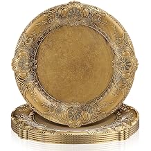 Antique Gold Charger Plates Set of 6 Plastic Gold Chargers for Dinner Plates Decorative 13" Round Plate Bulk with Embossed Rim for Dinner, Party, WeddingClassic