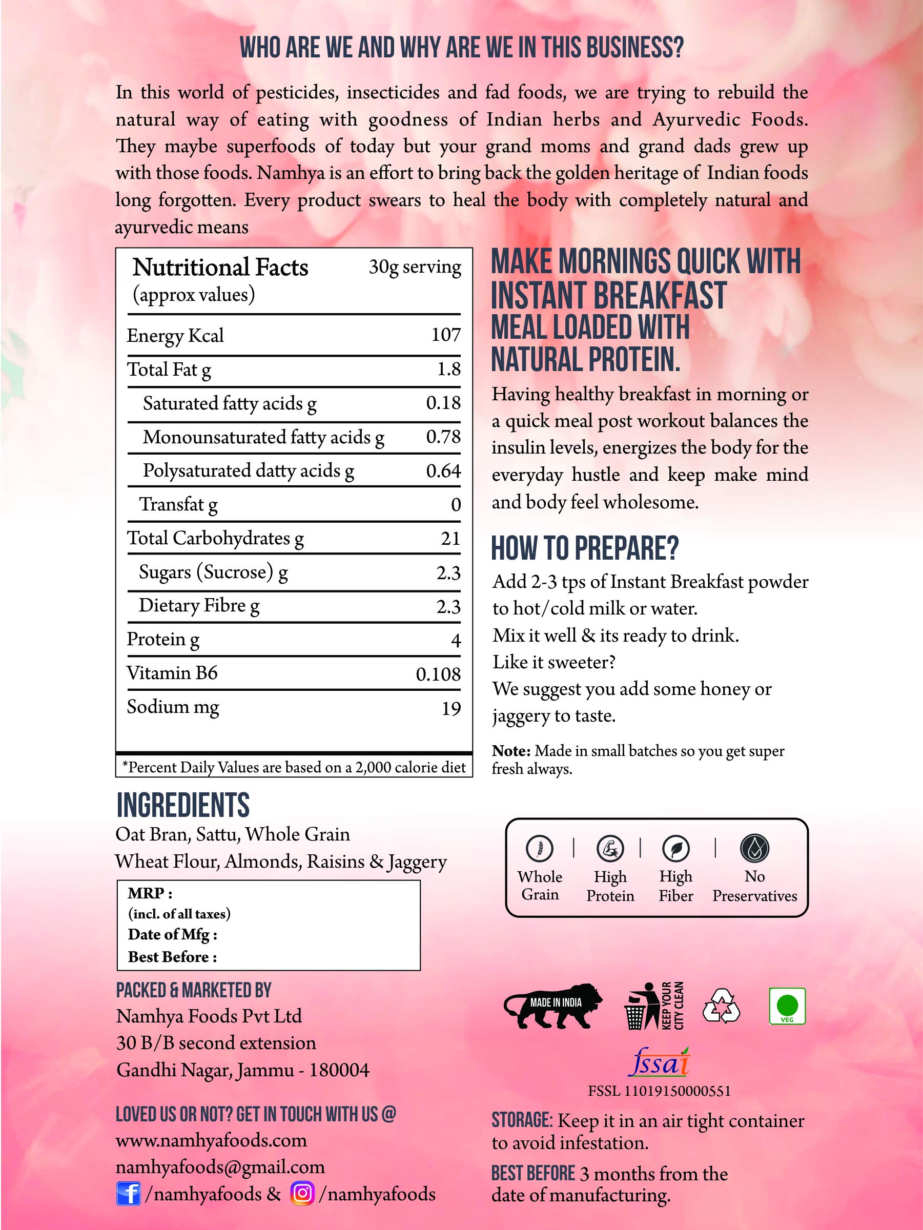 Namhya - Sattu Instant Breakfast Cereal - 300g (Pack of 1) - High Protein, Boosts Energy, Aids Digestion - Roasted Bengal Gram (Sattu) - 100% Natural, No Preservatives - For Strength & Gut Health - Image 4 thumbnail