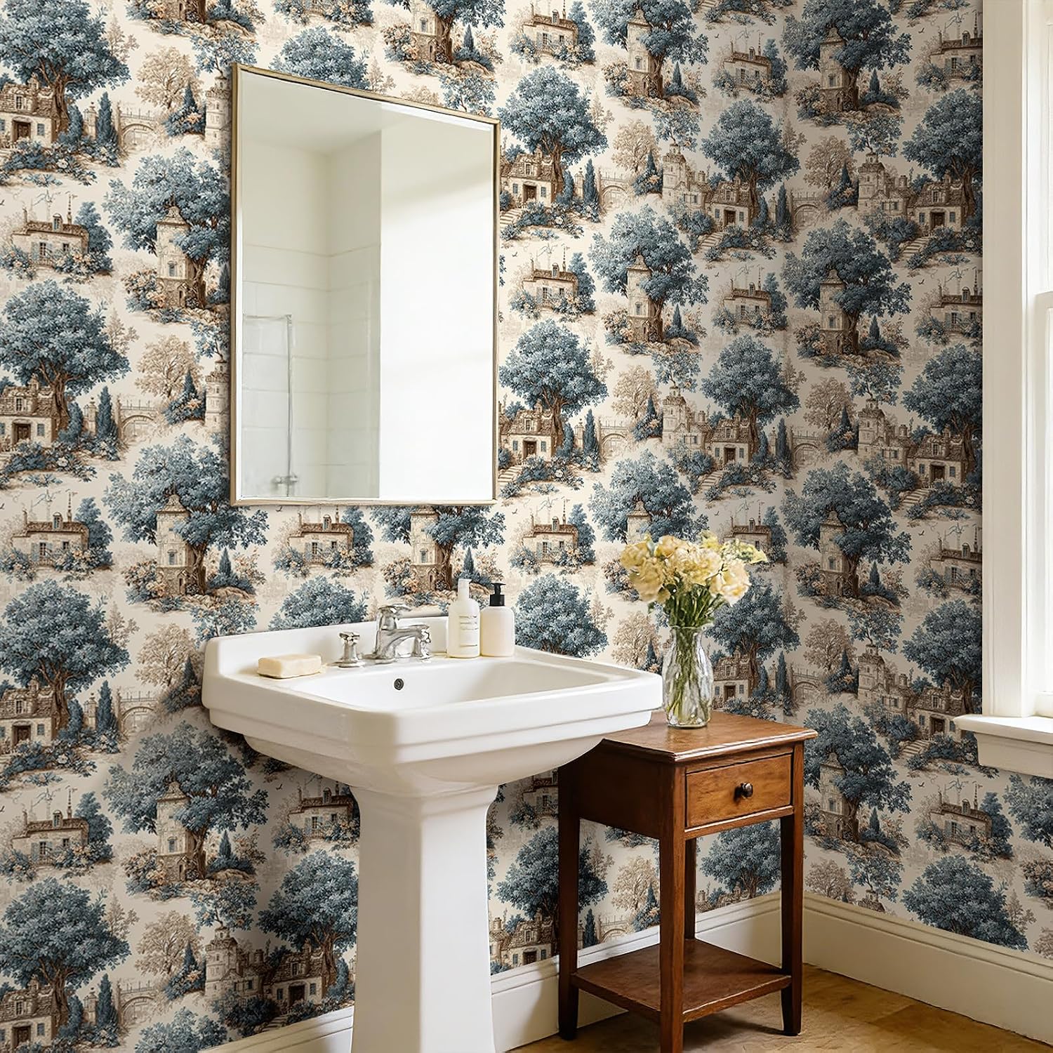 ReWallpaper French Country Wallpaper Peel and Stick Classic Blue Toile Wall Paper Removable Wallcovering for Bedroom Dining Area Living Room Bathroom Accent Wall Vintage Scenic Decor 17.5in x 23ft