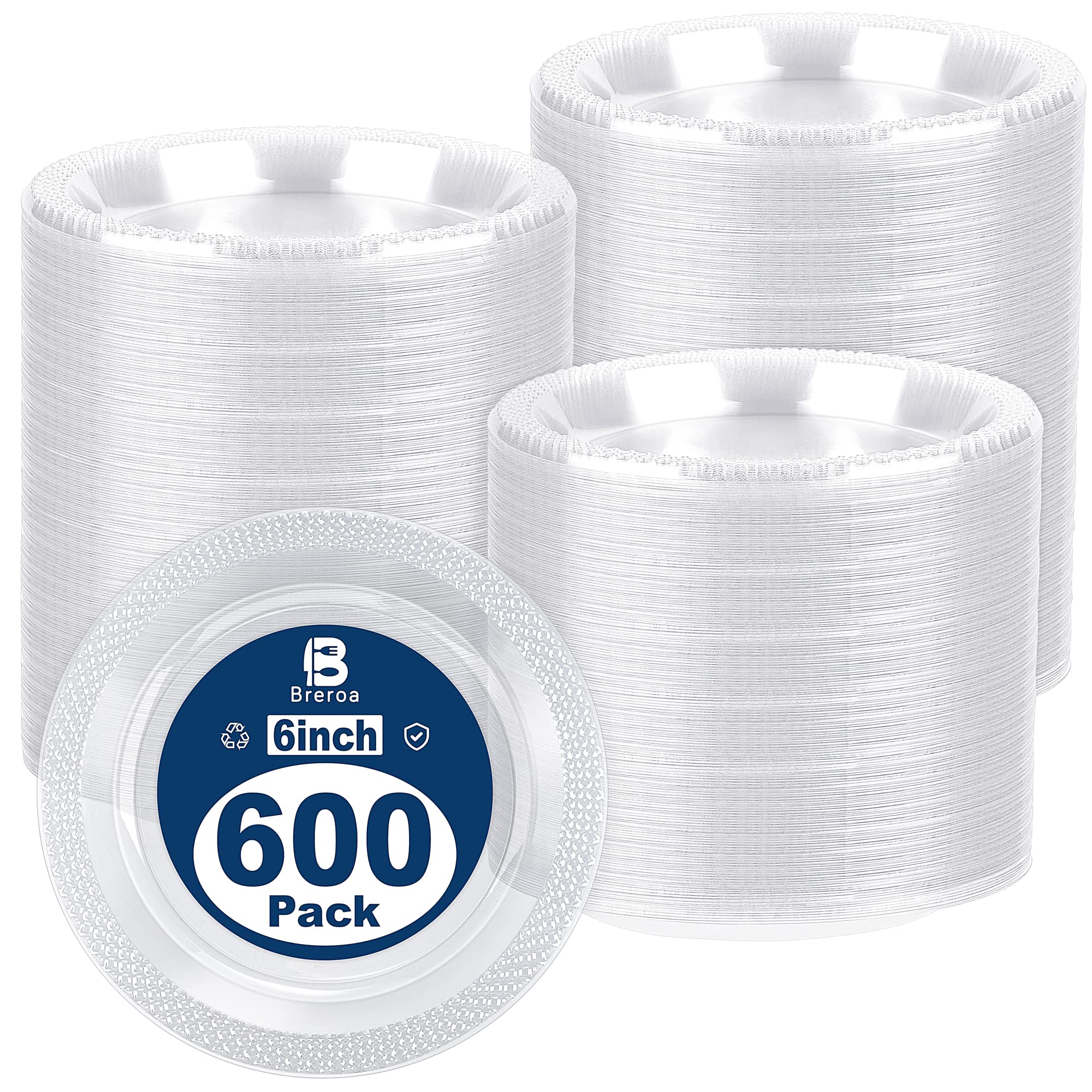 Photo 1 of Breroa 600 Pieces Clear Plastic Plates 6 Inch Disposable Round Dessert Plates Heavy Duty Appetizer Dinner Party Plates for Events Buffet Wedding Baby Shower Graduation Birthday Party Supplies Clear 600