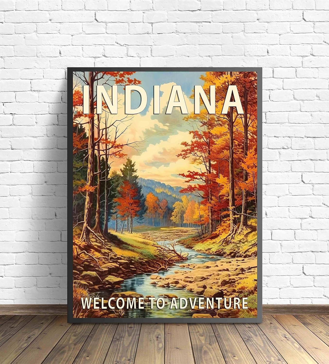 Indiana Poster Art Print, Retro States Landscape Wall art Decor, Adventure Mountain and Scenery Painting for Bedroom, Living Room (Indiana Scenery, 16x20 inches + (Black Frame))