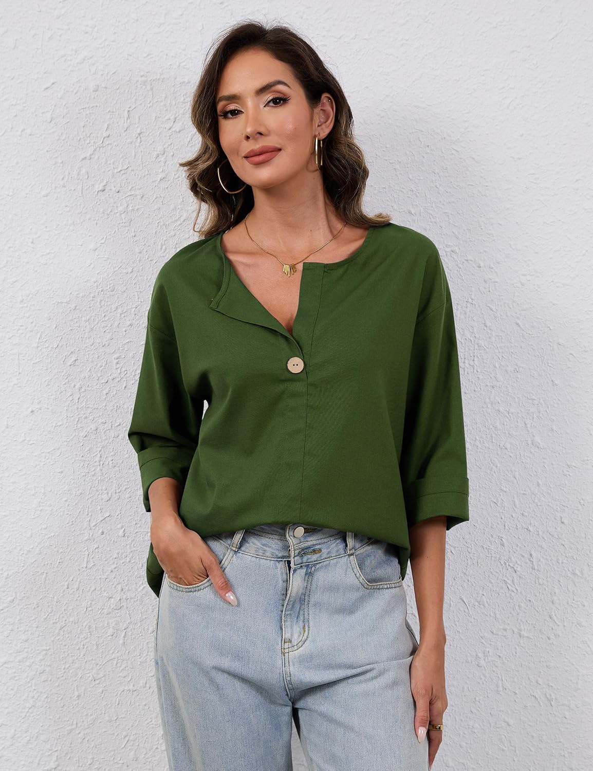 Summer Linen Shirts for Women Button Down V Neck 3/4 Sleeve T-Shirt Blouse Casual Loose Basic Solid Tunic Tops 2025 - Image 4