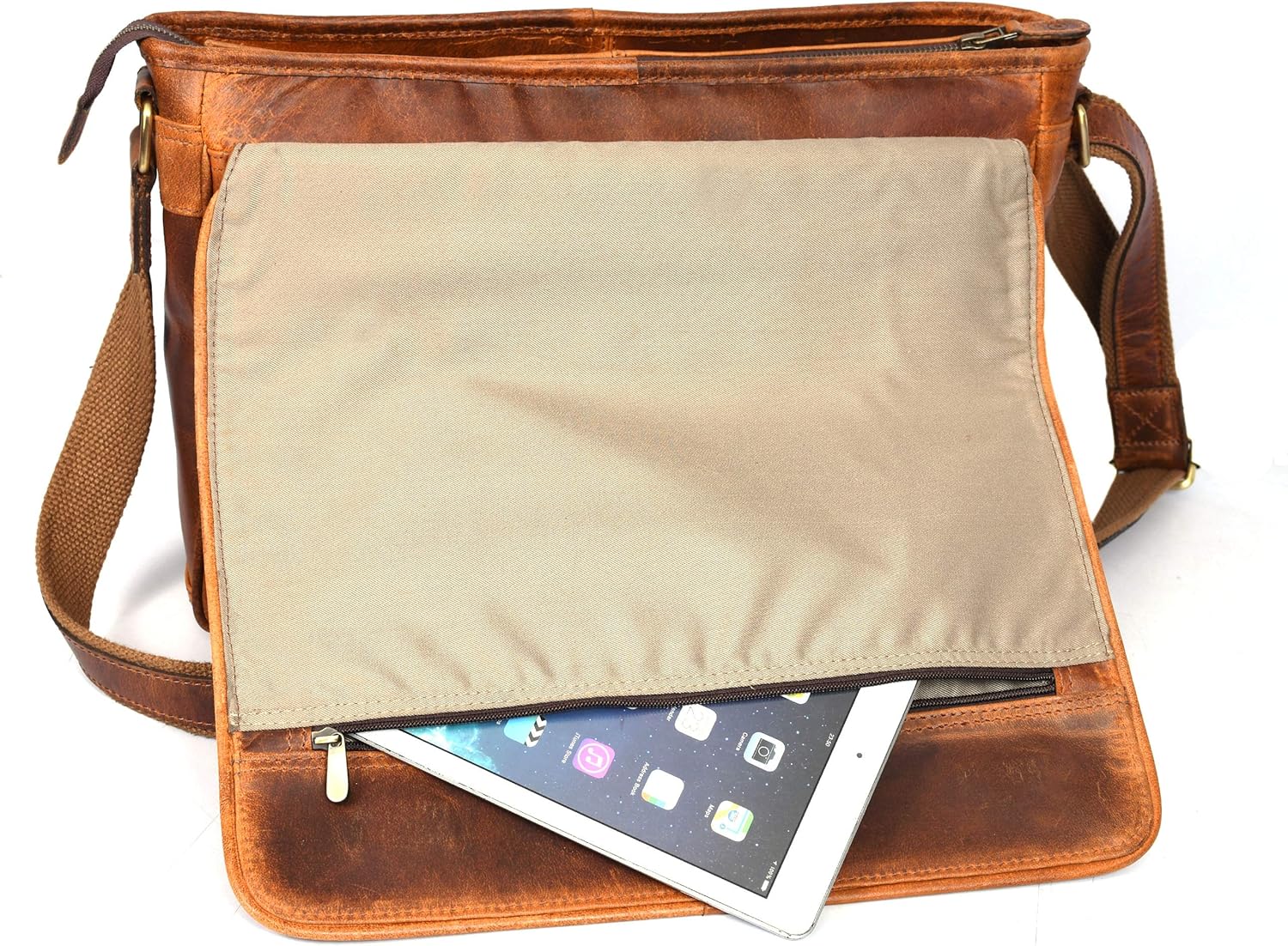 16" Crossbody Bag Leather Laptop Messenger Bag For Men with trolley sleeve for school office (Caramel) - Image 5