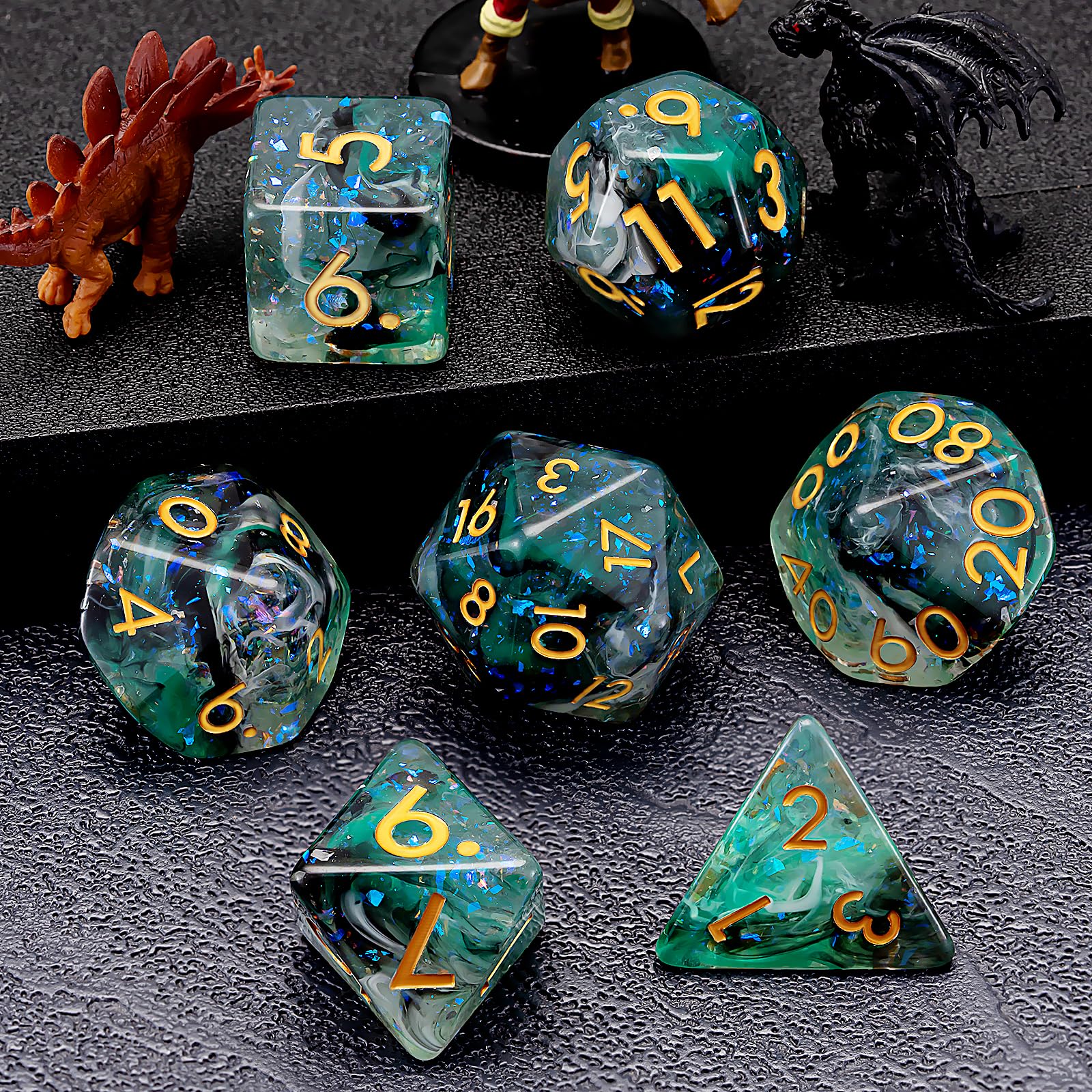 Resin Dice Set,Polyhedral Dice Green+White+Black Glite Inclusion Dice,RPG D&D Dice Set for Dungeons and Dragons MTG RPG Role Playing Games for 15 Years and Up