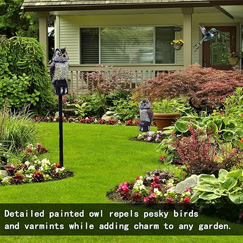 Miniatura 3 de Hedoc Paquete de 2 señuelos falsos de búho para asustar a los pájaros (15 pulgadas), esculturas de cabeza giratoria, estatuas de plástico de