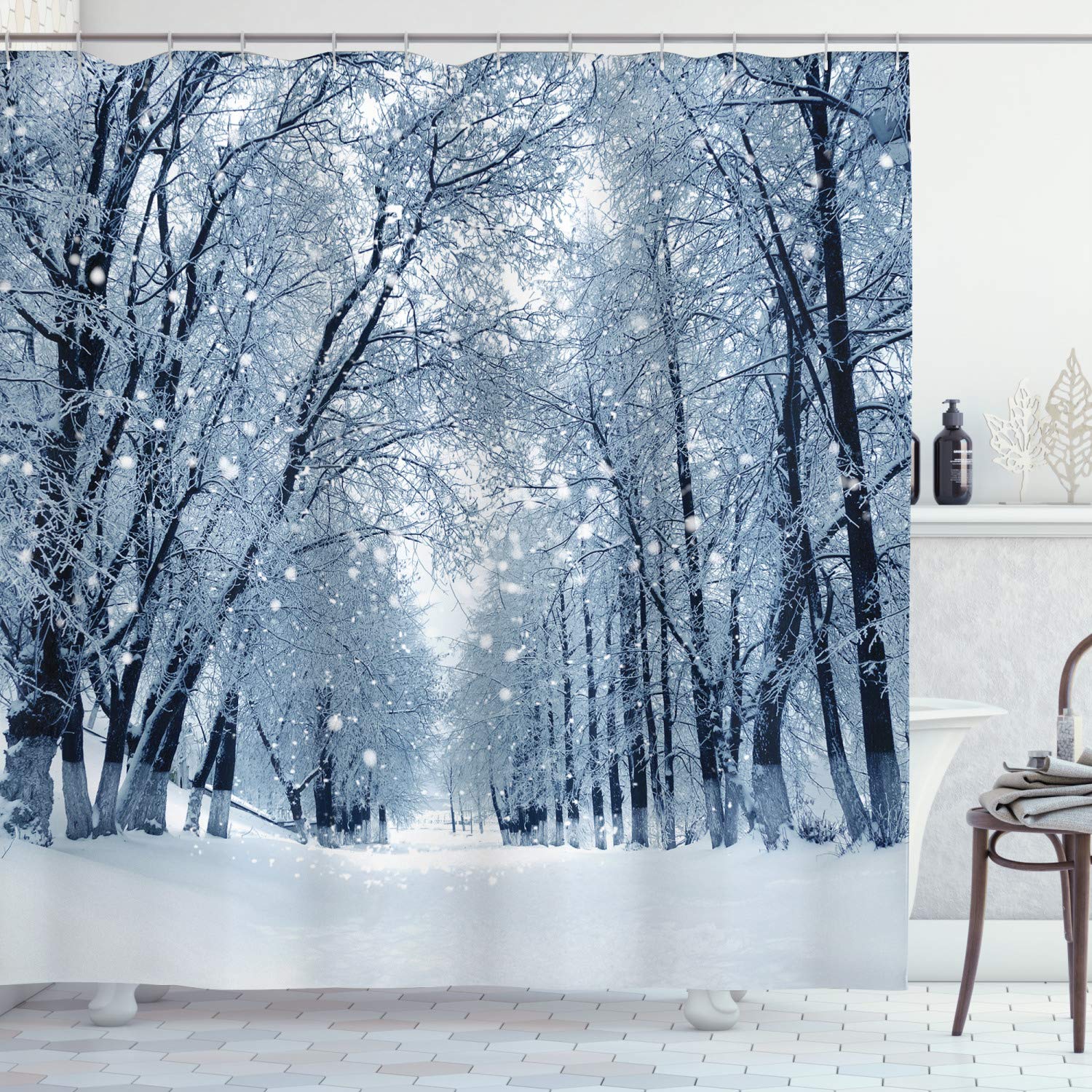 ABAKUHAUS Forest Shower Curtain, Snowy Trees Farmhouse Wildlife Woodsy Scenery Frosty Winter Park Winter Design, Cloth Fabric Bathroom Decor Set with Hooks, 86 Inches Extra Long, White Grey Black