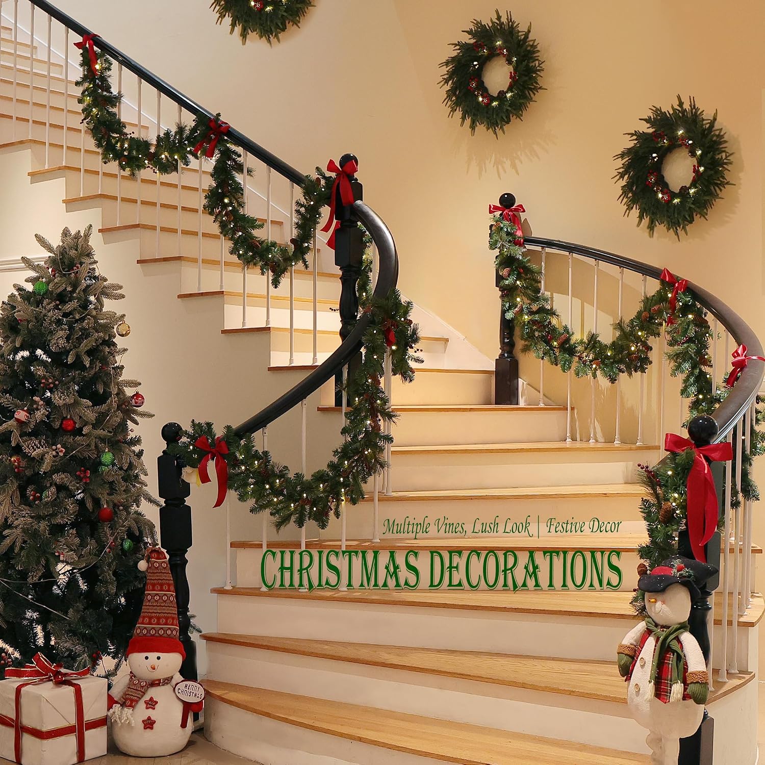 24" Christmas Wreath - Christmas Wreaths for Front Door - Christmas Decorations - Real Touch Norfolk Pine Wreath for Indoor Outdoor Wall Window Porch - Cedar Reef Garland - Free LED String Lights