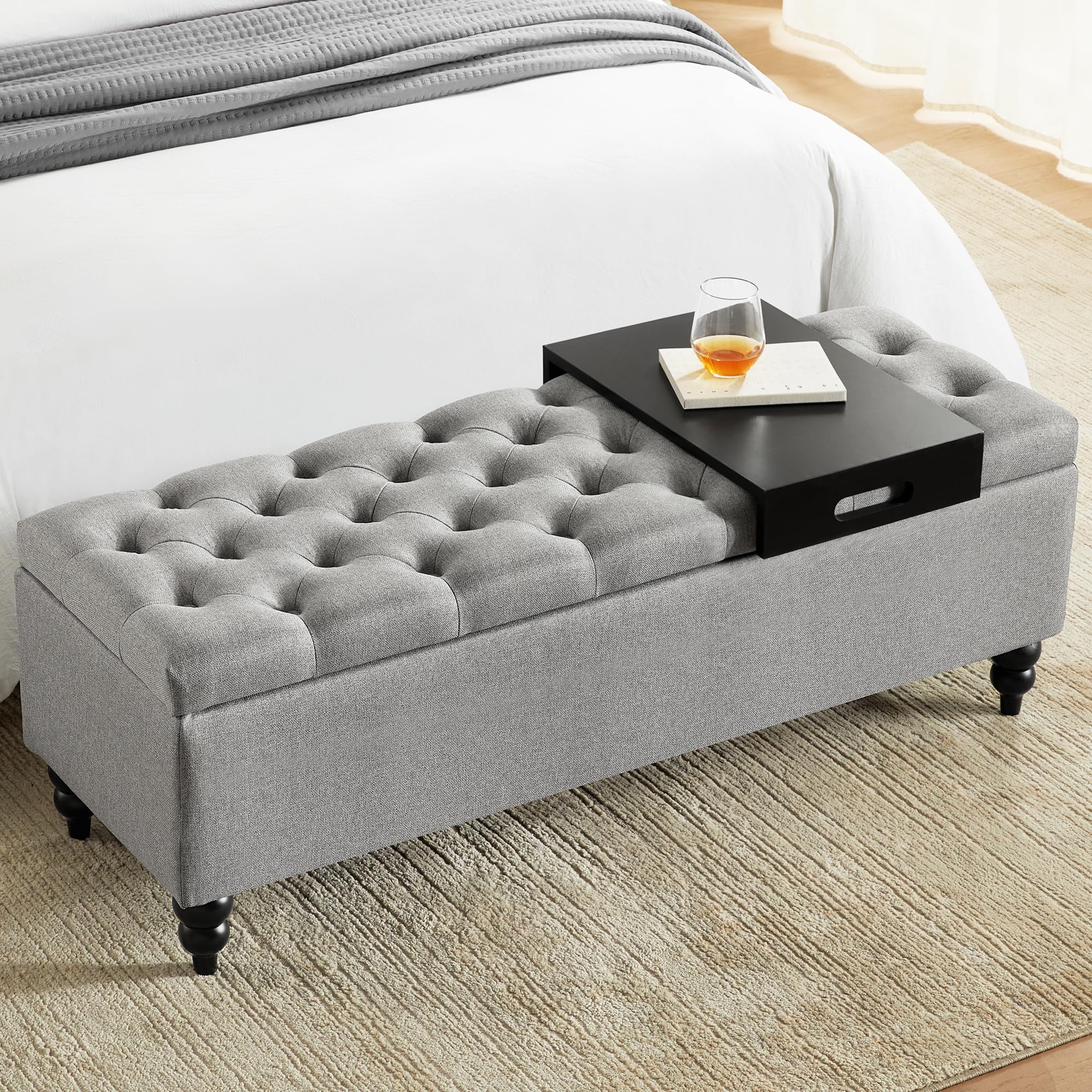 Busaurus Storage Ottoman Bench 50.2 Inches, Upholstered Fabric Storage Ottoman Bench with Safety Hinge, Large Storage for Living Room, Entryway, Bedroom End of Bed Bench (Grey with Tray)