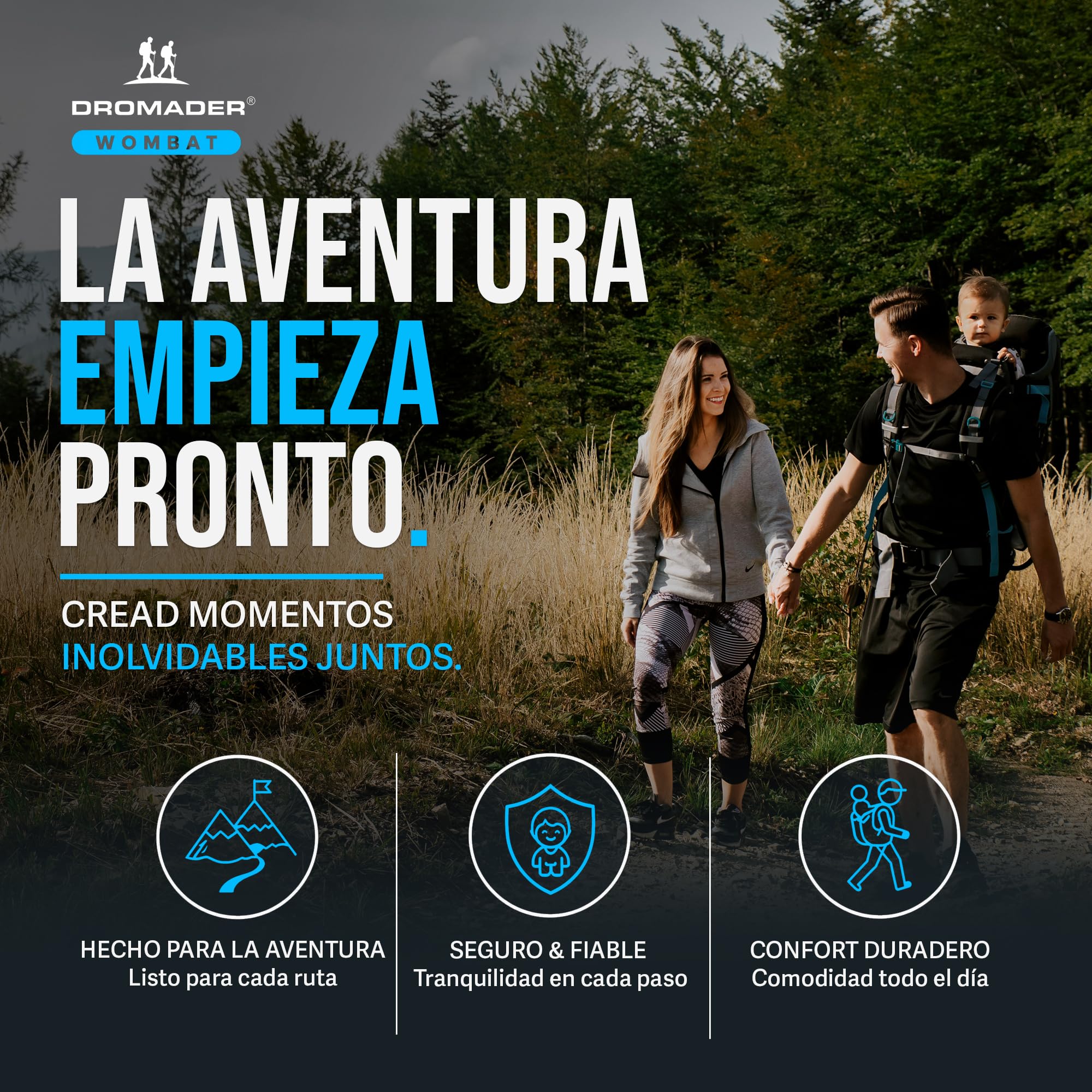 DROMADER Mochila Portabebe Montaña - Portabebes Senderismo hasta 22kg con Protector Solar, Protector de Lluvia, Bolsillo Térmico y Cambiador - Estructura Plegable con Una Mano - Negro y Azul