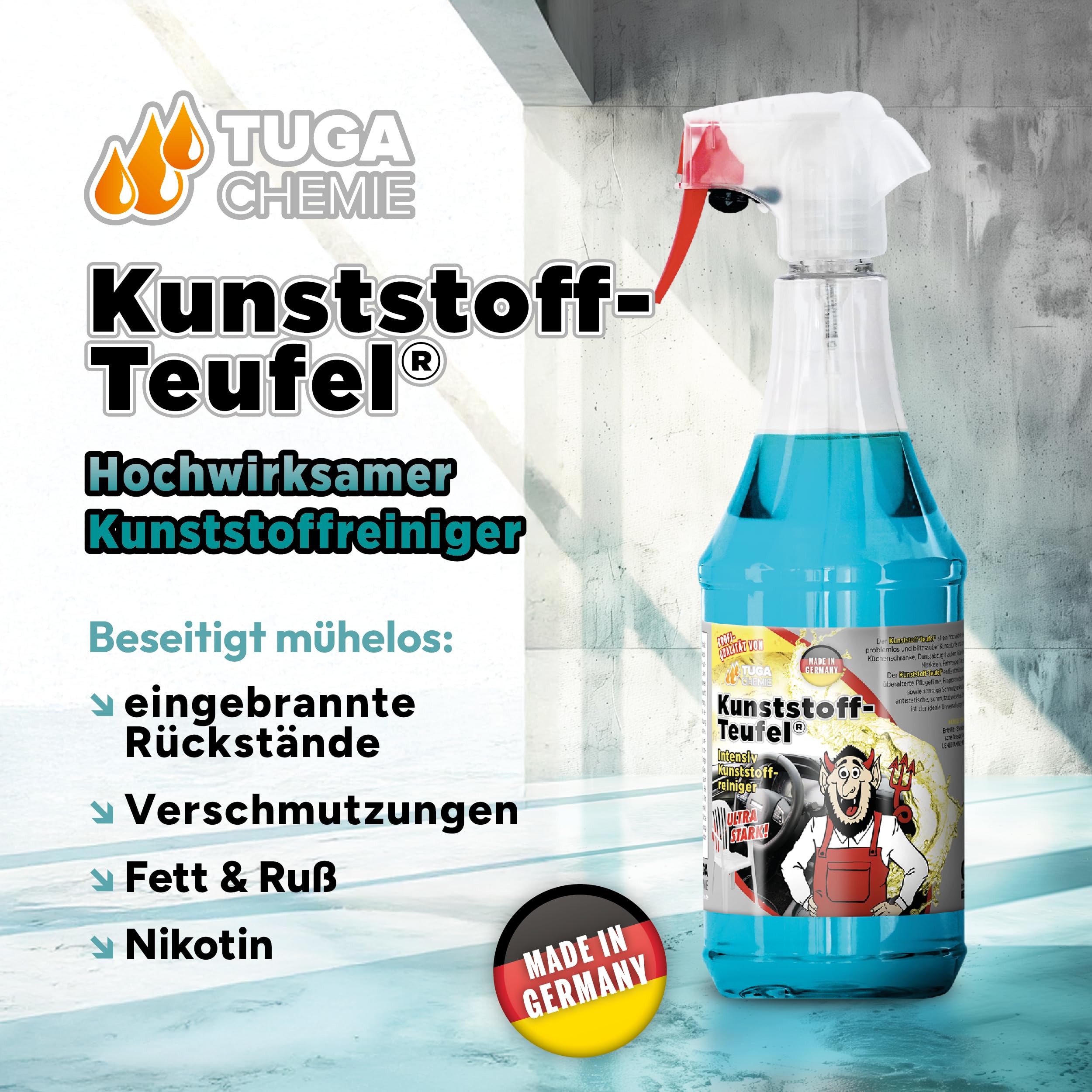 TUGA Chemie Kunststoff-Teufel - Hochwirksamer Kunststoffreiniger für Kfz und Industrie - Entfernt Schmutz, Öl, Fett in Profiqualität für Auto Boot und Werkstatt - 5 L Kanister - Made in Germany | Hochwirksamer Kunststoffreiniger für Kfz & Industrie - Entf