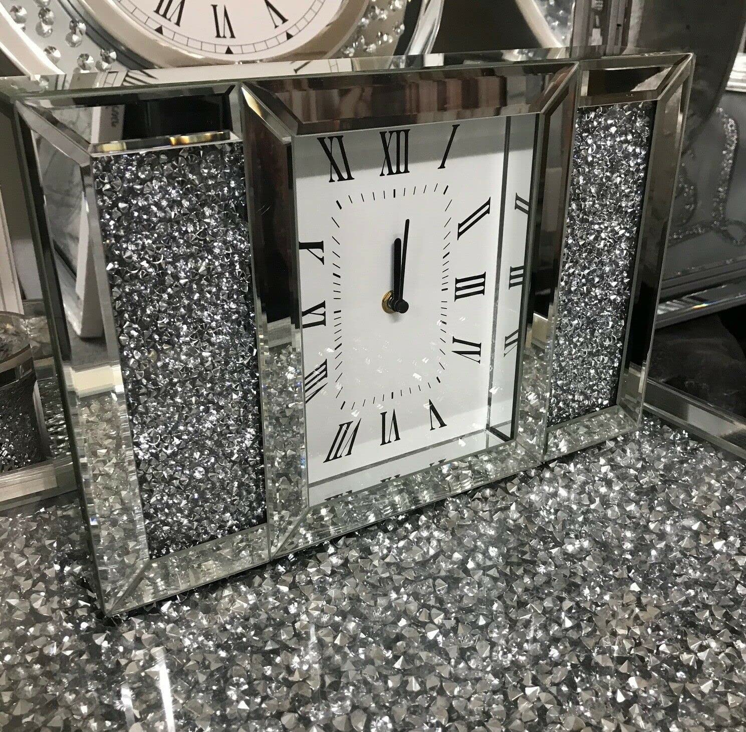 Biznest Crushed Jewel Mirror Wall Clock Roman Numbers Diamante Mirror Glass Clock H 27 X W 40 X D 8Cm