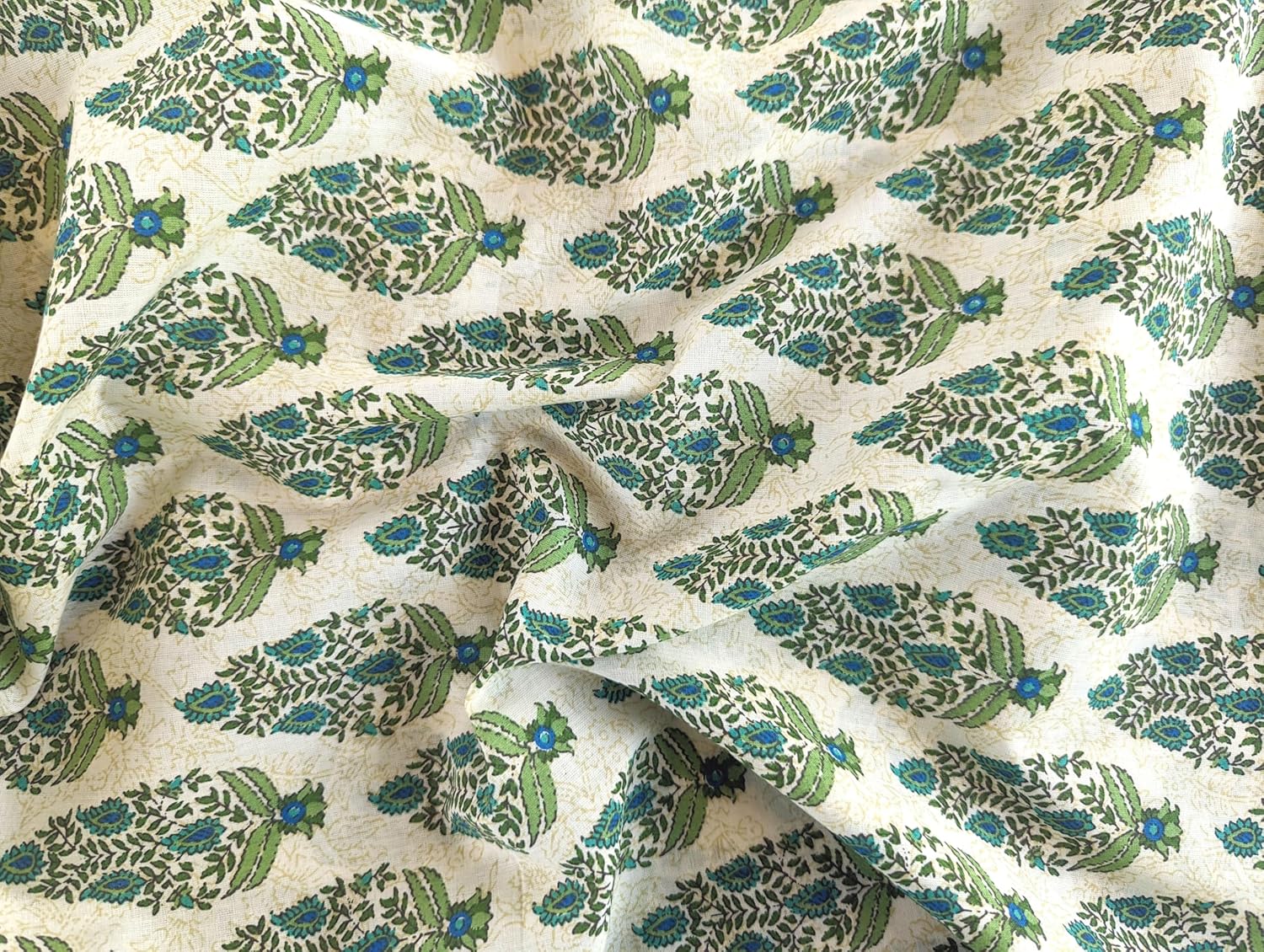 AVKA Studio Hand Block Print Fabric by The Yard - PRECUT 5 Yard 42 Inch Width - 100% Cotton Material - Beige and Teal Paisley Pattern - Light Weight Indian Cloth for Making Summer Dress Projects etc