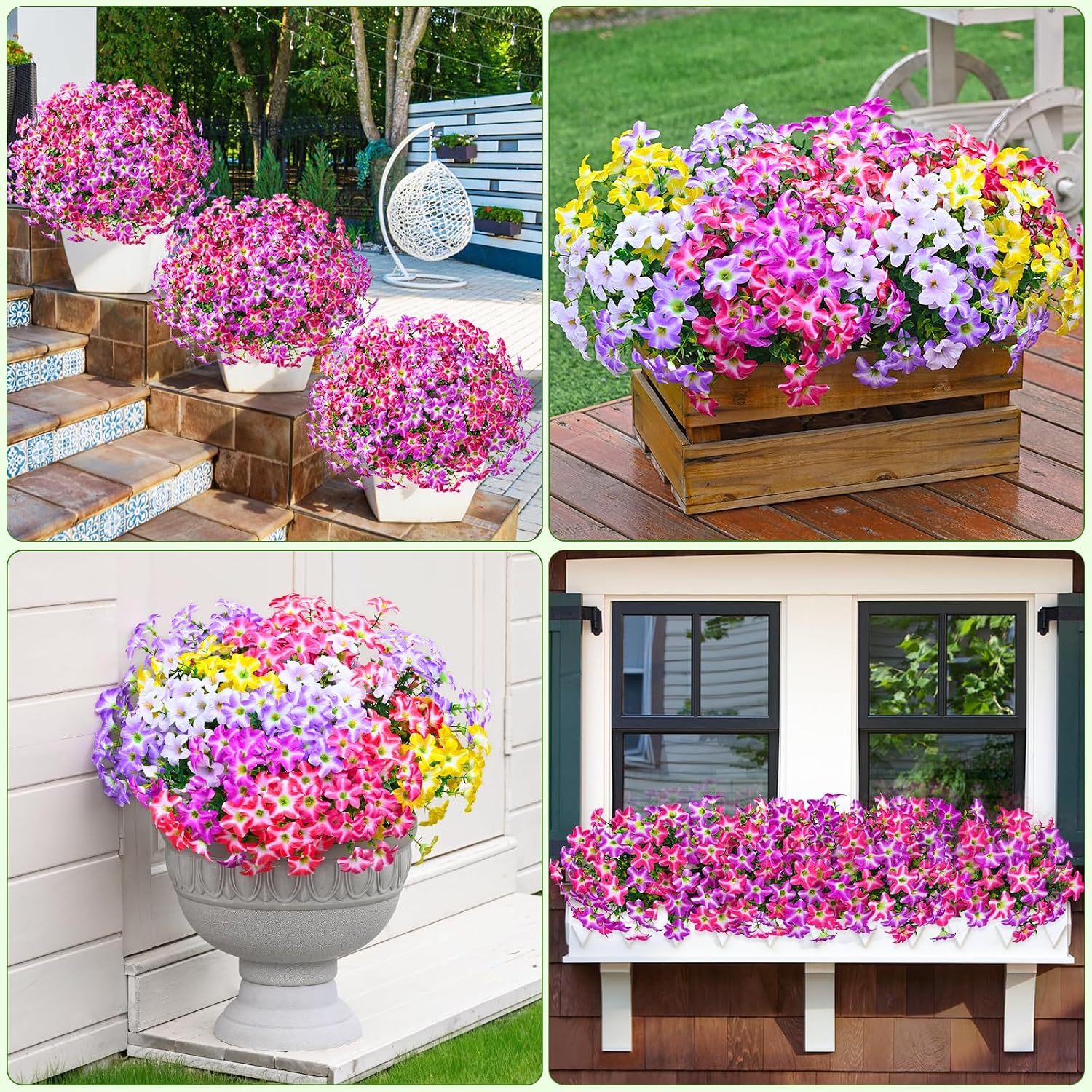 MARTINE MALL 24 Bundles Look Real Artificial Flowers for Outdoors, Realistic Fake Outdoor Flowers, UV Resistant Silk Petunia Flowers for Outside Faux Flowers for Outdoor Garden, Fuchsia & Rose Red