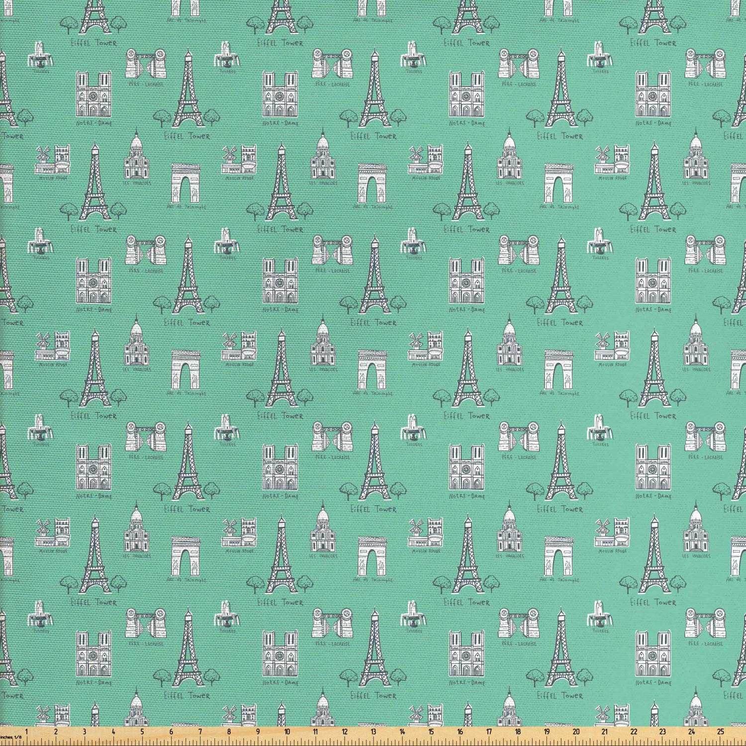 Ambesonne Notre Dame de Paris Fabric by The Yard, Frenchs and in Continuous Pattern, Decorative Fabric for Upholstery and Home Accents, 1 Yard, Seafoam White