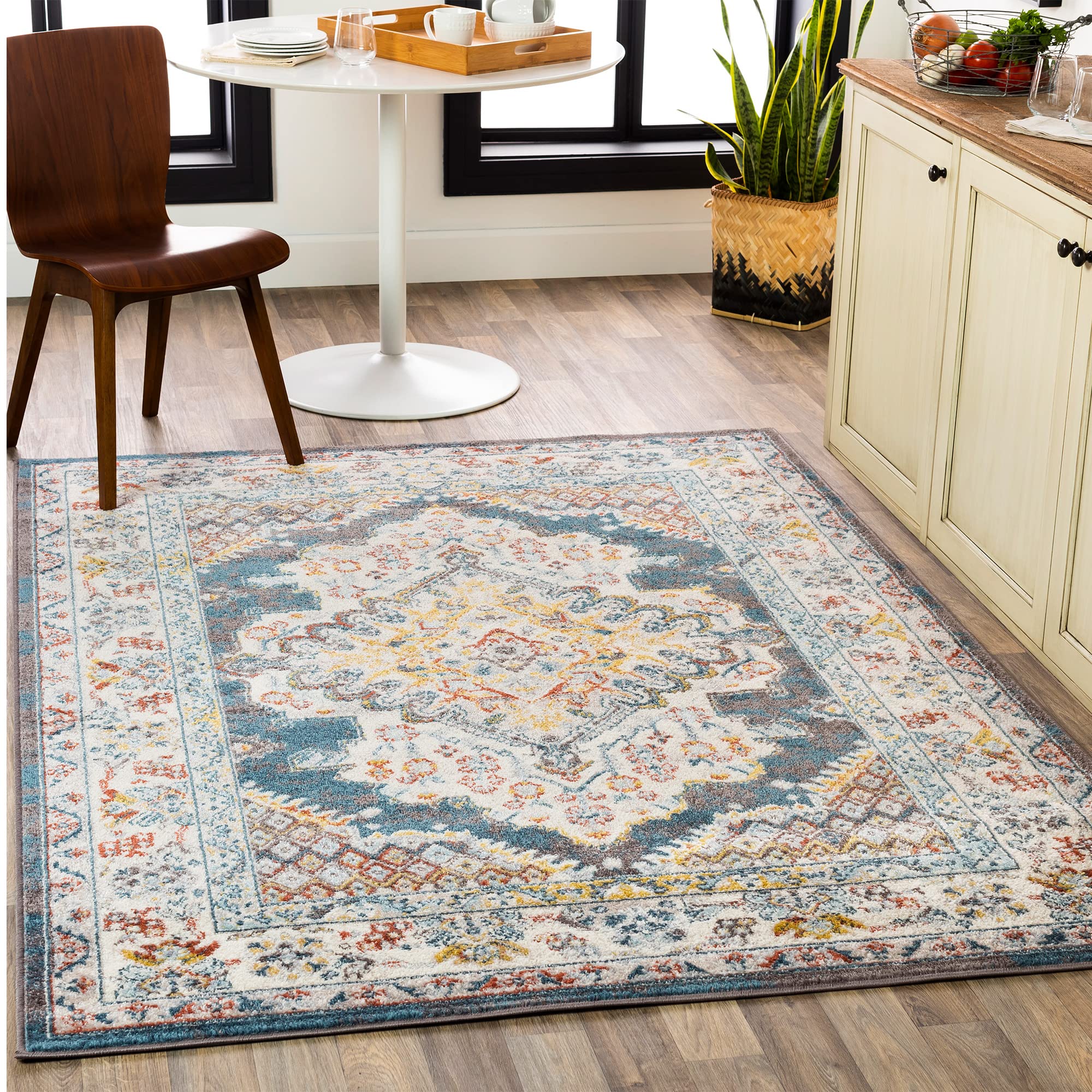 Livabliss Casablanca Vintage Rug - Area Rugs Living Room 160x213 cm, Dining Floor, Kitchen, Traditional Multicoloured Boho Style, Easy Care Pile, Bohemian Large Rug, Brown and Blue
