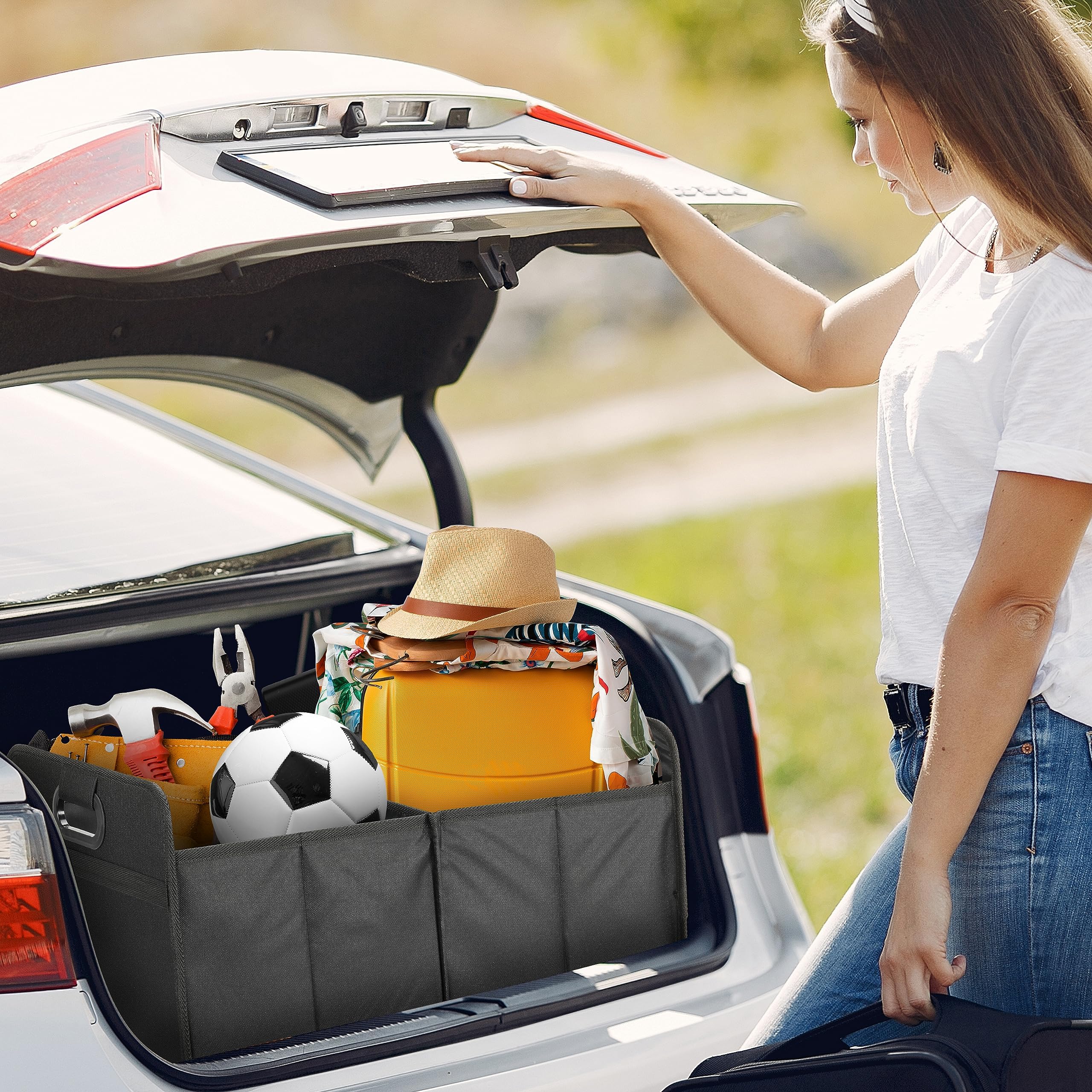 YSSOA Trunk Organizer for Car/SUV/Truck, Collapsible 2 Compartment Automotive Storage Box, 600D Waterproof Oxford Polyester 50L Travel Accessories, Anti-slip & Leak-proof, Black New 2