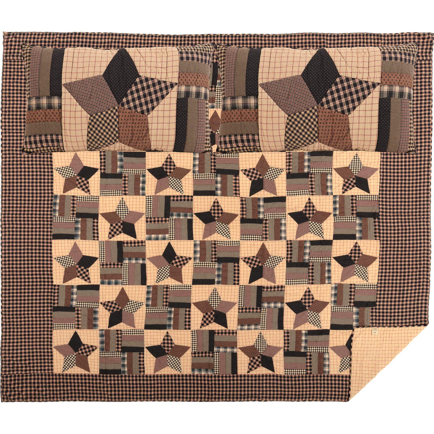 VHC Brands Bingham Star 3 Piece California King Quilt Set Country Patchwork Design, Soft Black and Tan
