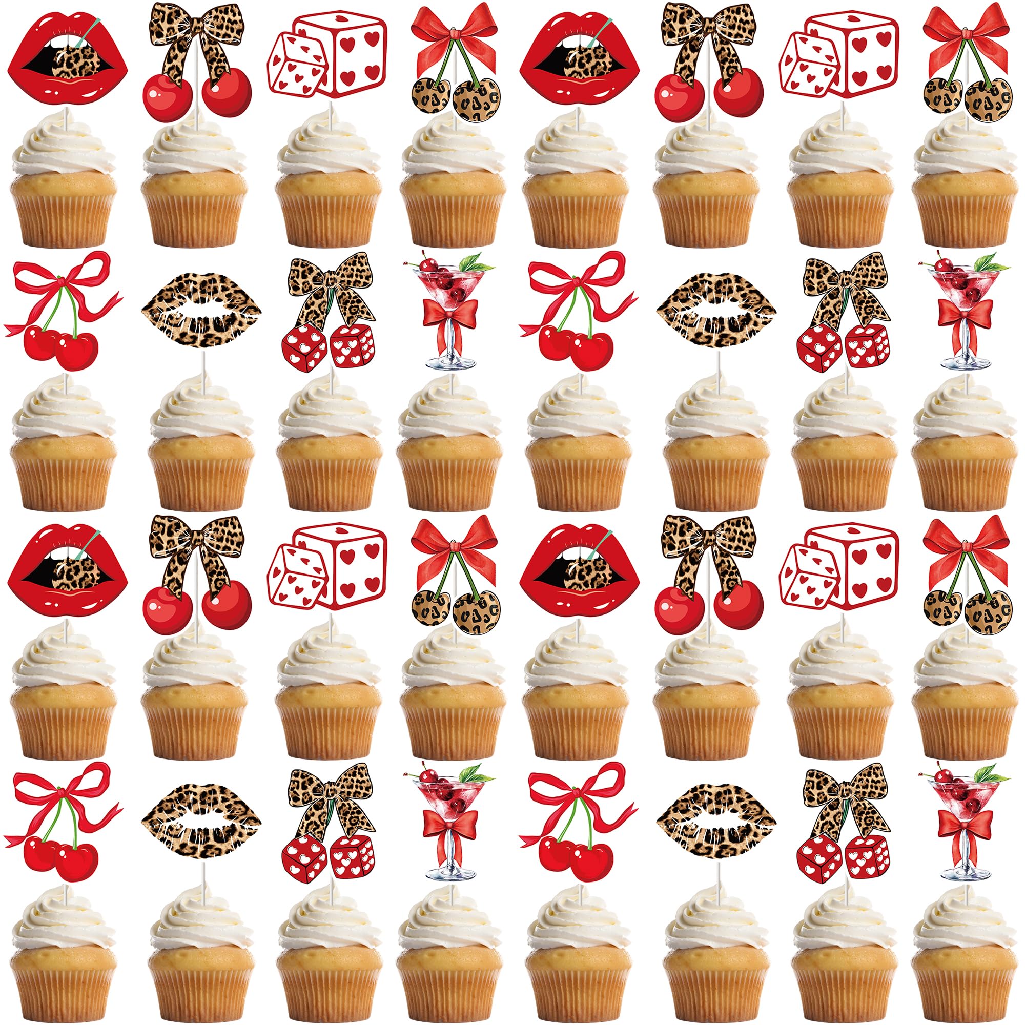 Bafutayawa Cupcake Topper Set 32 Pieces Leopard Print Cherries Cake Decoration Birthday Muffin Decor with Lips Dice Bow for Women Hen Party Decoration Red