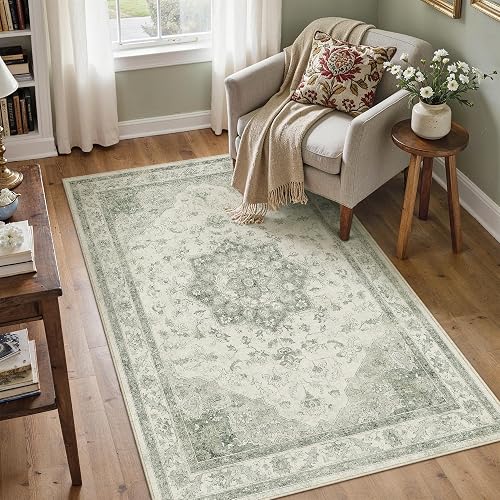 PureCozy Green 4x5 Washable Vintage Oriental Rug