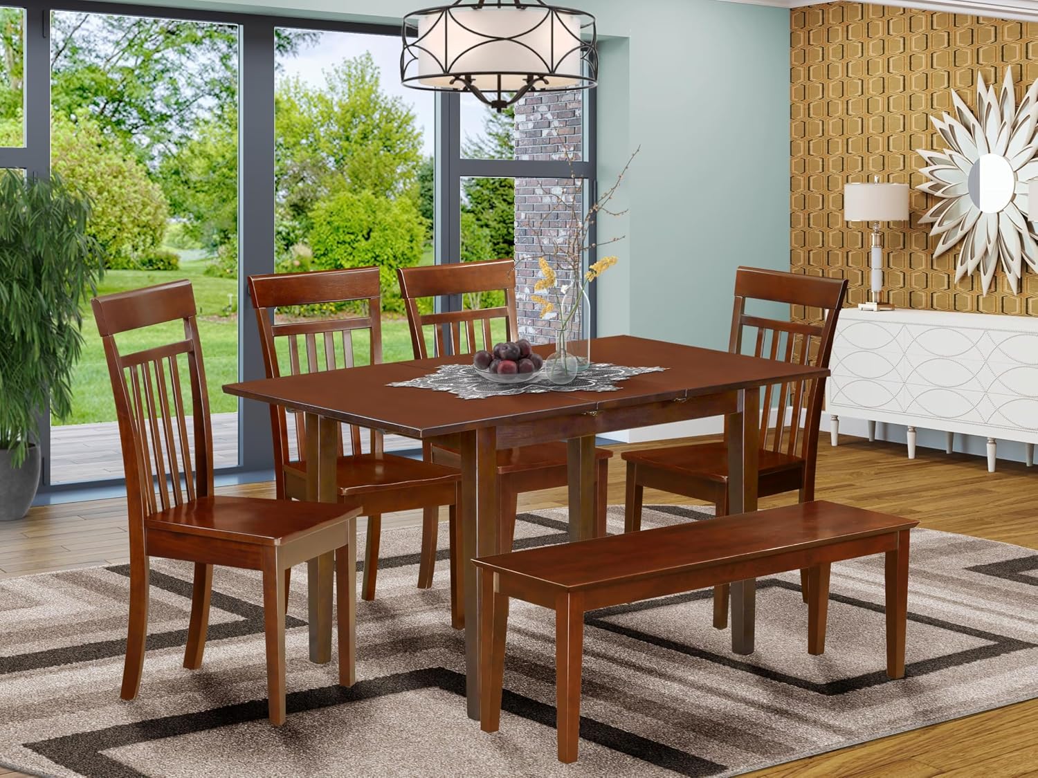 East West Furniture NOCA6C-MAH-W 6 Piece Dining Set Contains a Rectangle Dining Room Table with Butterfly Leaf and 4 Kitchen Chairs with a Bench, 32x54 Inch, Mahogany