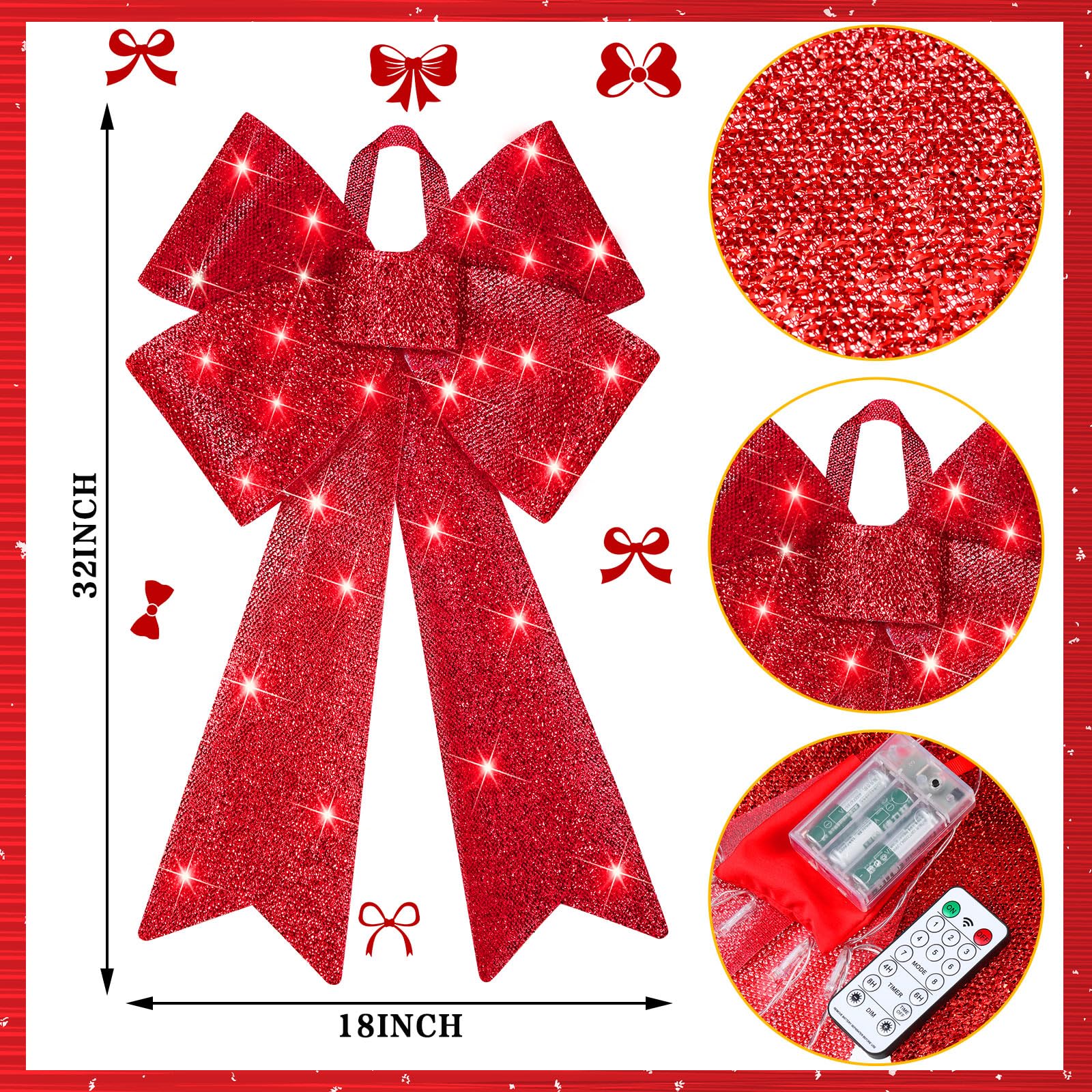 WILLBOND Lot de 3 nœuds de Noël pré-éclairés - 81,3 x 45,7 cm - Grand arbre rouge avec fonction minuterie - Décoration de sapin de Noël éclairée - 8 fonctions