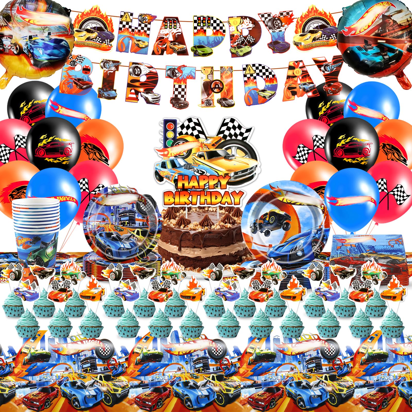 98 PCS Wheels Birthday Decorations, Monster Truck Party Decorations with Plates Cups Napkins Balloons, Party Tableware for 10 people
