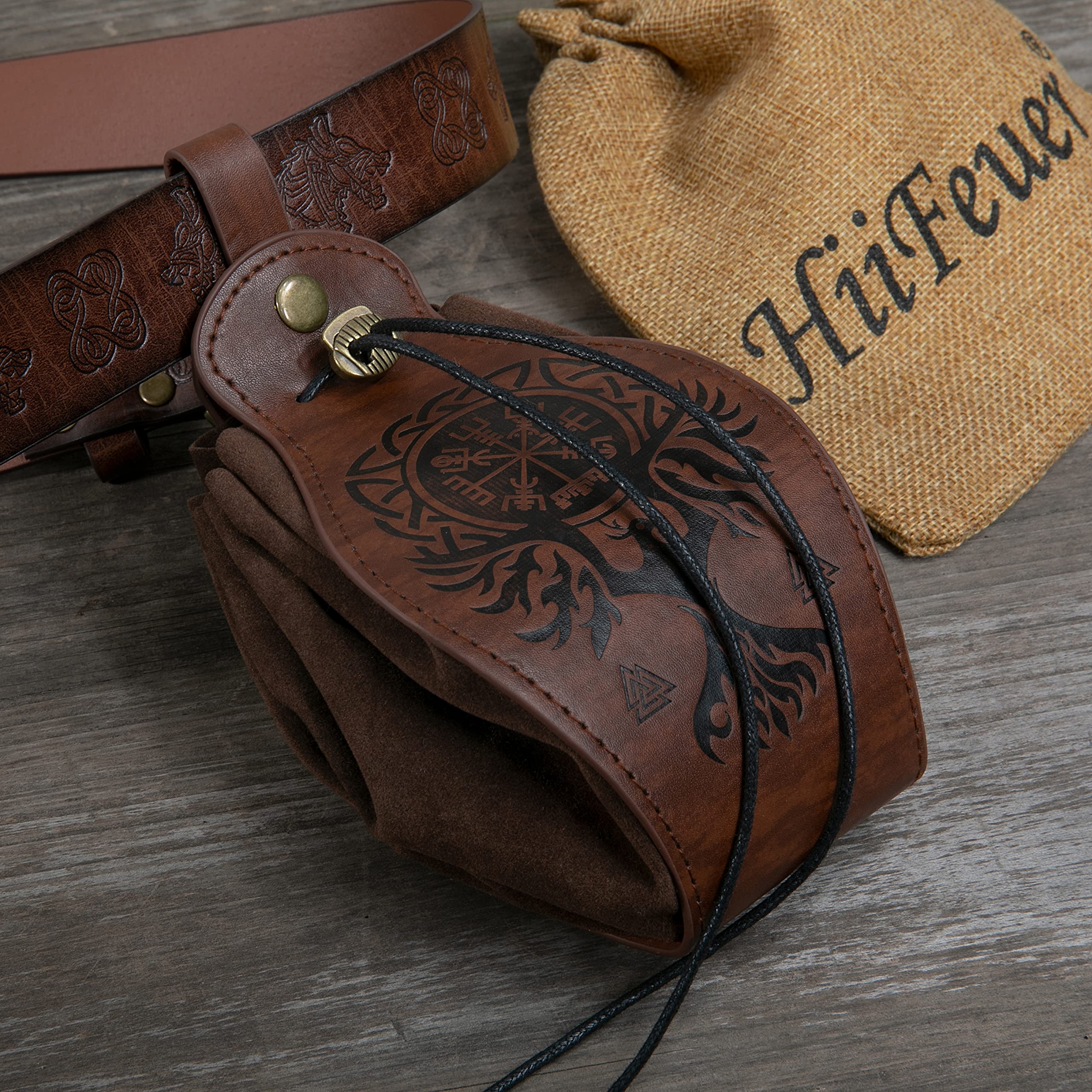 HiiFeuer Medeival Faux Leather Pouch, Portable Drawstring Purse, Vintage Belt Pouch Dice Bag for LARP Ren Faire (Phoenix Brown) - Image 4