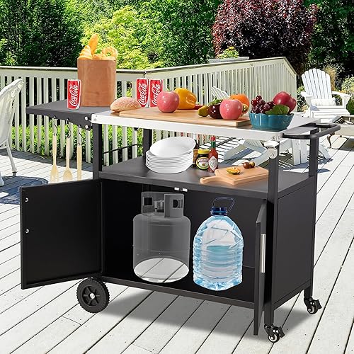 Miniatura 4 de Spurgehom Carrito de parrilla al aire libre, mesa de soporte para horno de pizza con parte superior de acero inoxidable mesa de preparación de