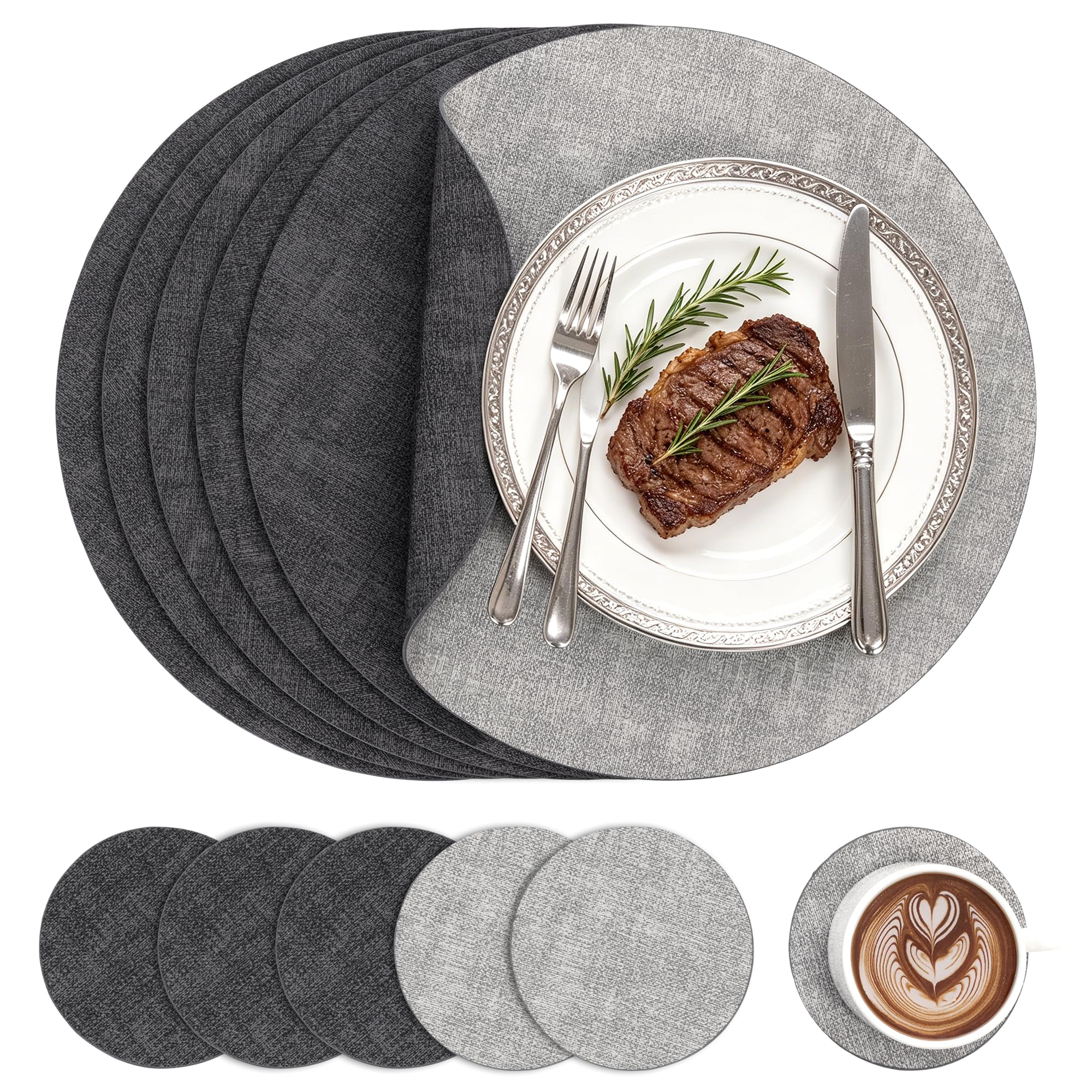 Homodeco Round PU Leather Placemats and Coaster Set of 6, Dual Sided Heat Resistant Washable Non-Slip Table Mats, 33cm Round Place Mats for Kitchen Dining Outdoor Table(Dark Grey/Grey)