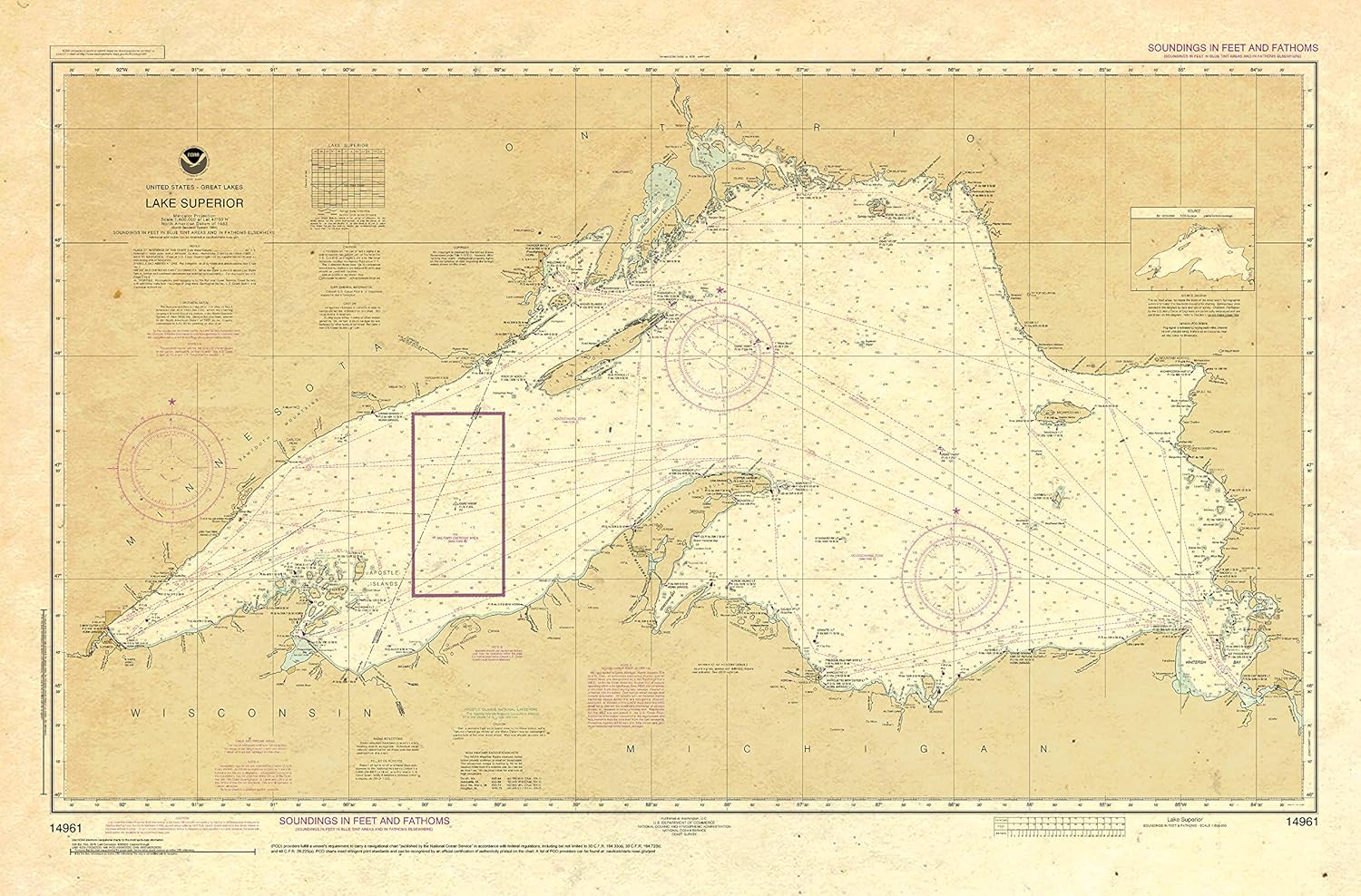 Paradise Cay Publications, Inc. Antiqued NOAA Chart 14961: Lake Superior (Mercator Projection)