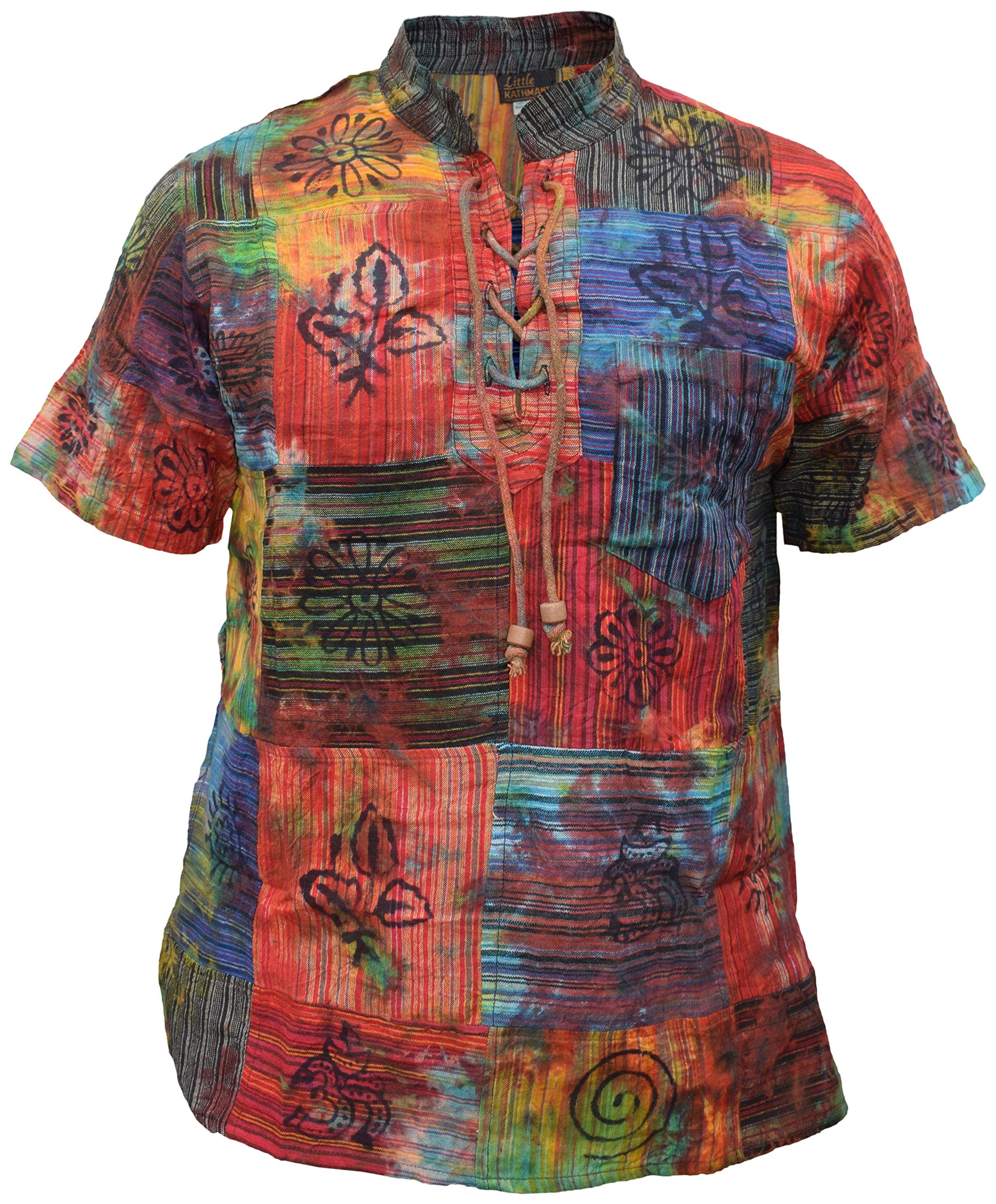 Gheri Men's Multicoloured Patchwork Tie Dye Spiral Symbols Festival Hippy Drawstring Lace Up Grandad Collar Short Sleeve T-Shirt XXX-Large