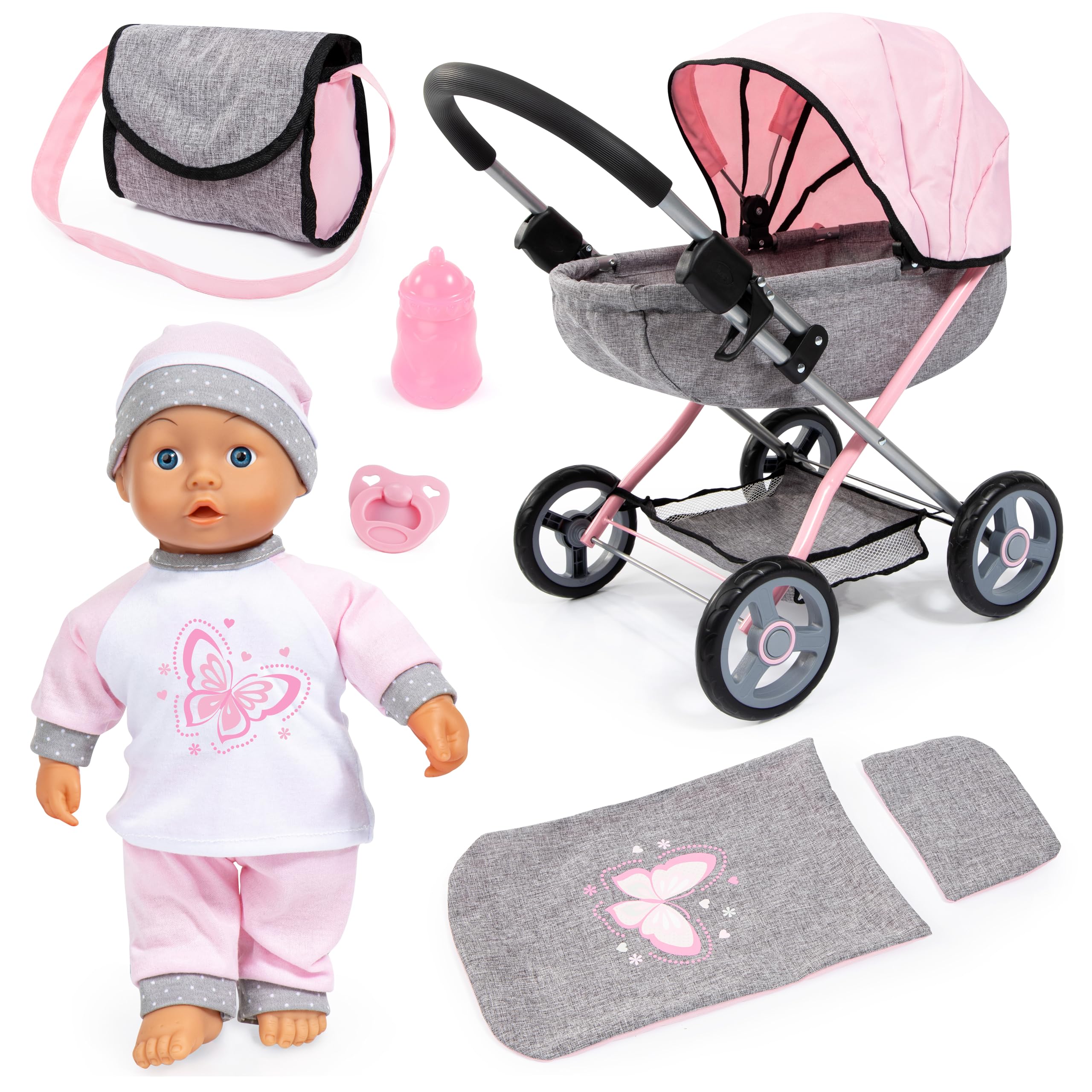 Bayer Design 12733AB Puppenwagen Cosy, faltbar, mit Puppe 36 cm, Decke, Kissen, Tasche, Flasche und Schnuller
