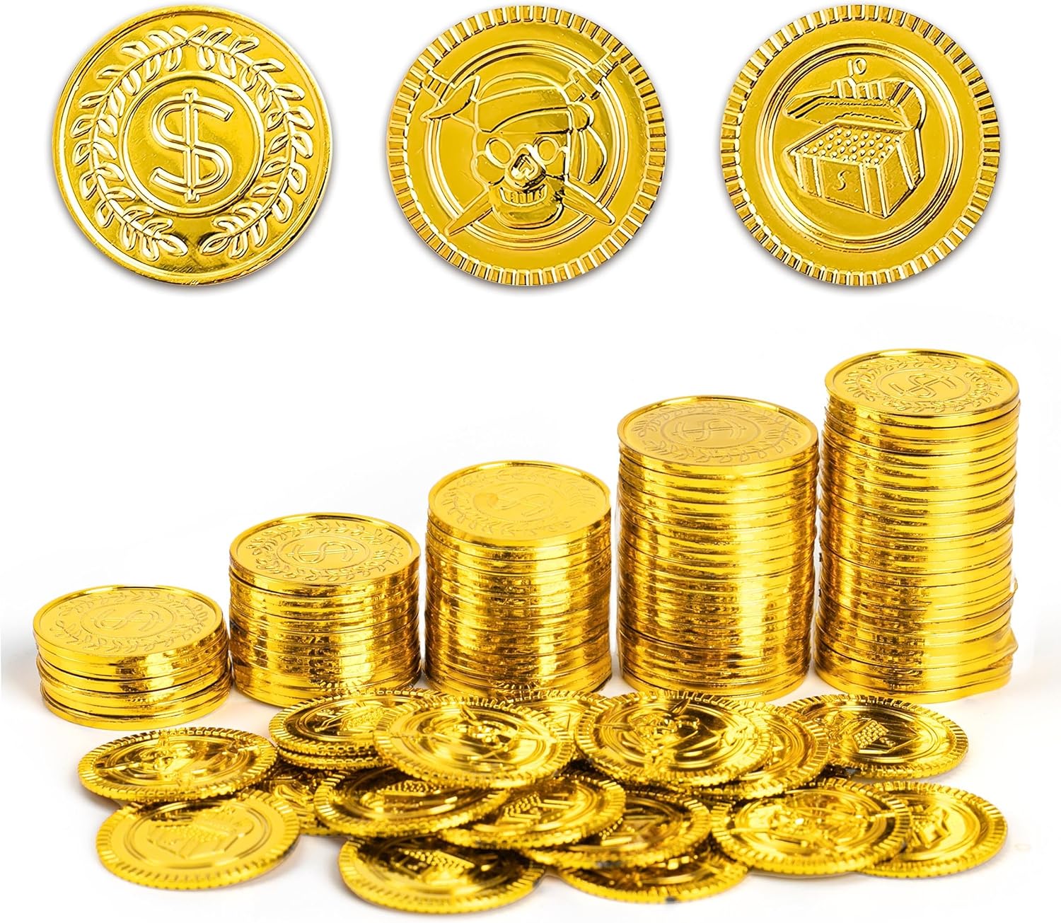 Lesnala 150Pcs Pirate Gold Coins Plastic Bulk Fake Gold Coins with Skull Treasure Chest Pattern for Adventure Theme Treasure Hunt Game Party Favors 2 Styles Golden