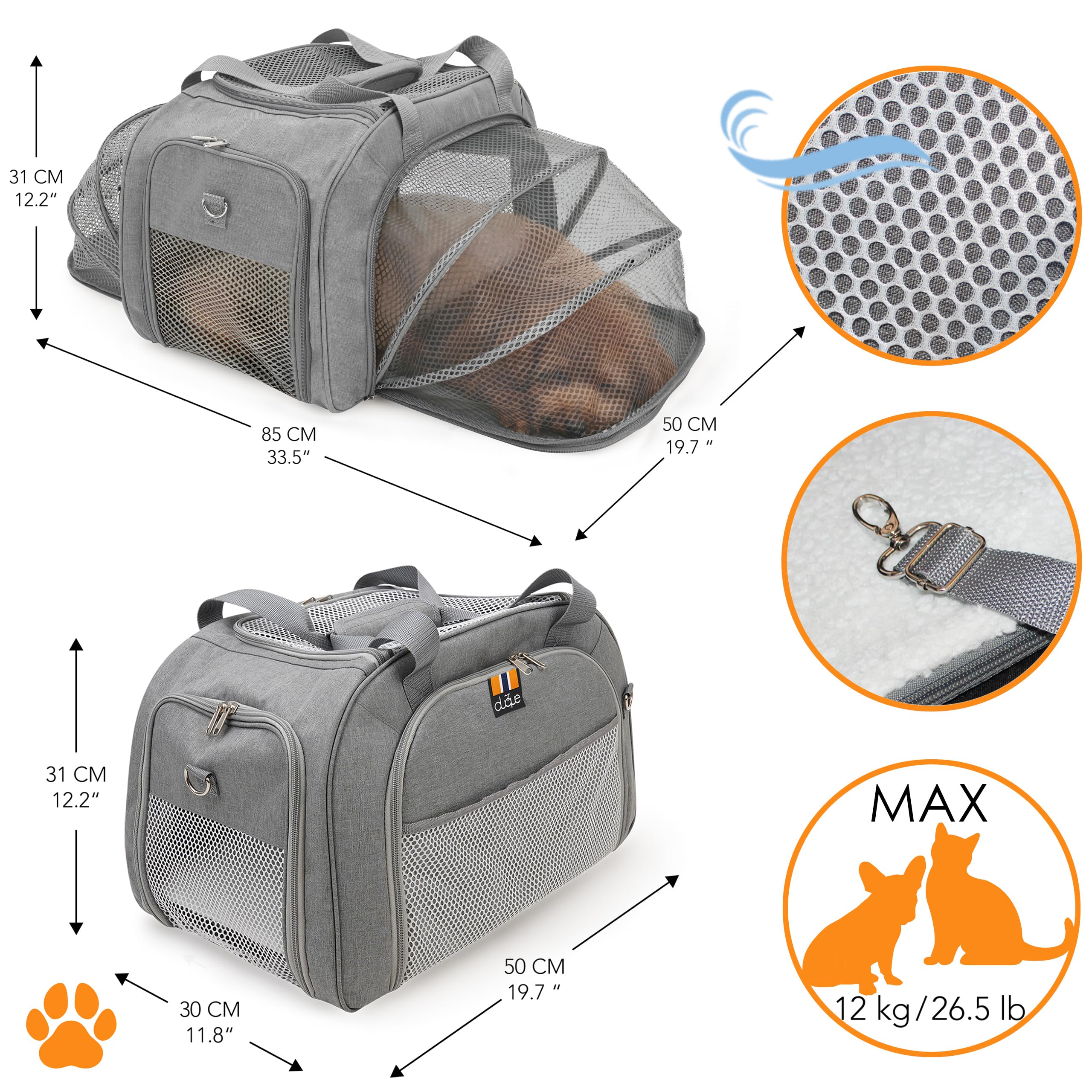 Car-GO Panier Chien et Sac de Transport pour Chat | Cage pour Chien avec Base ISOFIX, Accès Avant/Arrière, Côtés Extensibles pour Petits Animaux | Bandoulière - Gris