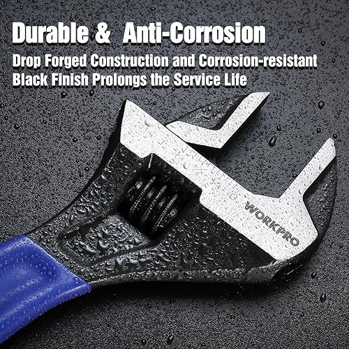 Miniatura 5 de WORKPRO Llave ajustable de 10 pulgadas, llave de mandíbula ancha de acero Cr-V con óxido negro, escalas métricas y SAE, para el hogar, garaje,