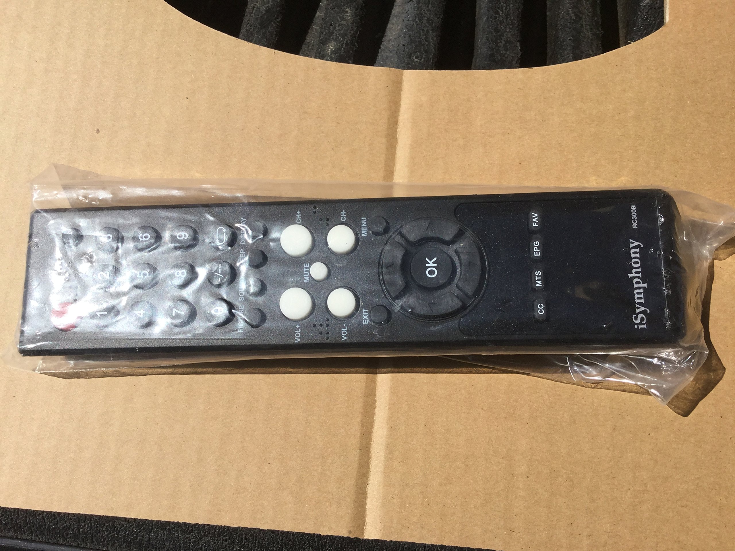 iSymphony RC3008i TV Remote Control in clear plastic packaging