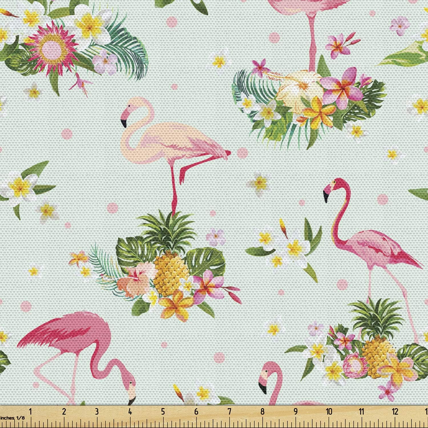 Lunarable Flamingo Fabric by The Yard, Flamingo Bird Tropical Flowers Fruits Pineapples Vintage Style Art, Decorative Fabric for Upholstery and Home Accents, 1 Yard, Green and Pink