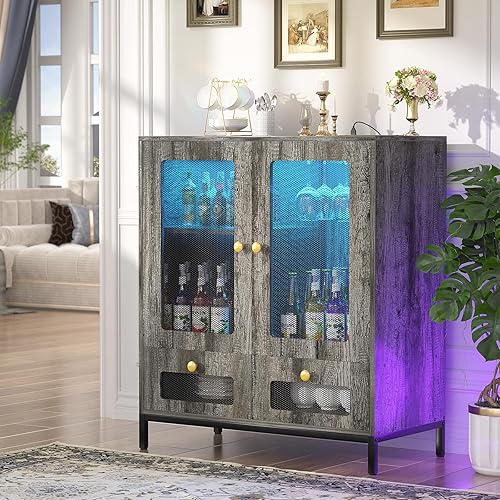 Aparador de buffet con almacenamiento, gabinete de bar de vinos con toma de corriente y luz LED, armario de almacenamiento de cocina con cajones,