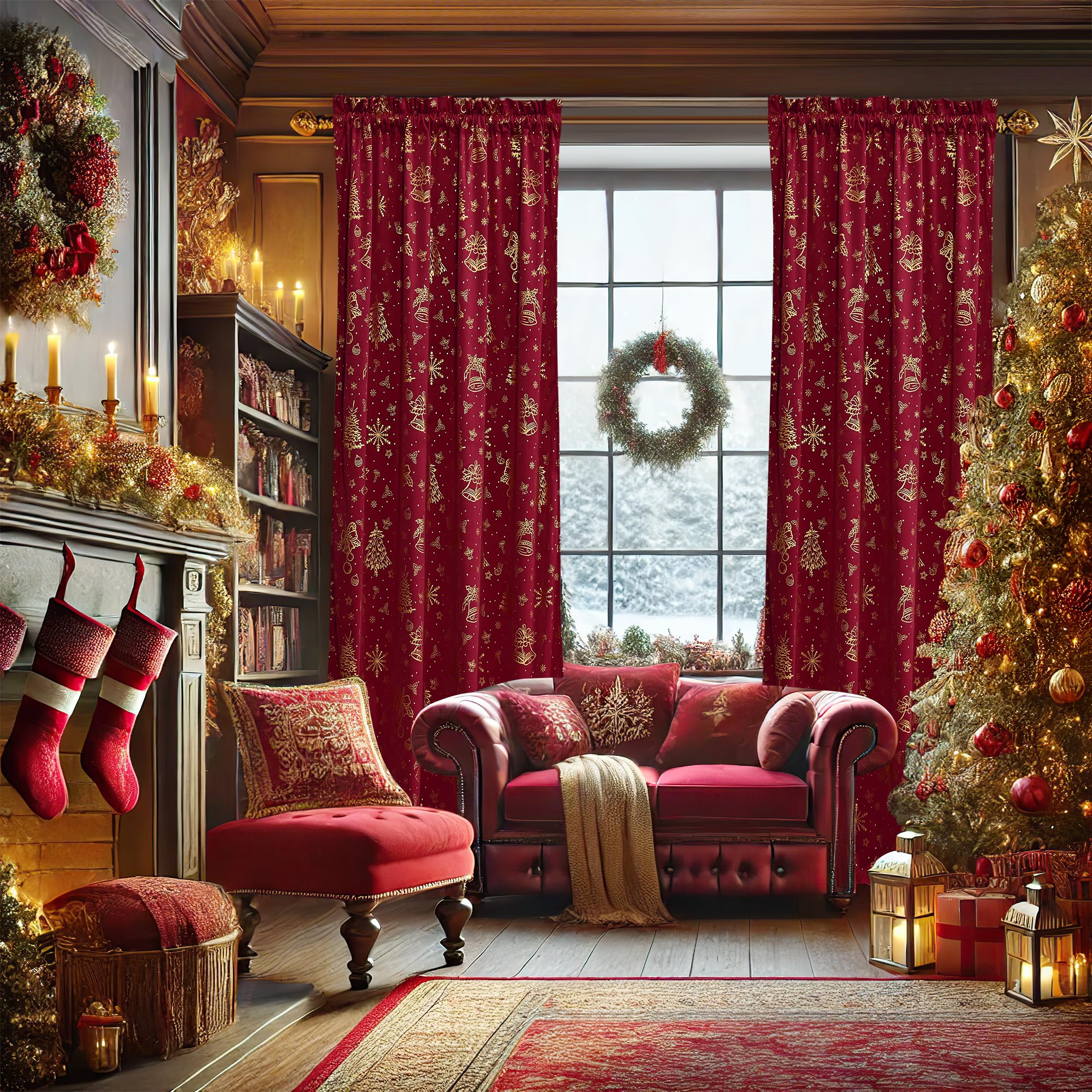 NICETOWN 96 inches Long Red Christmas Curtains Velvet for Living Room, Printed with Tree Pattern Thermal Insulated Blackout Curtains Drapes for Winter 96 inch Length 2 Panels Set cortinas navideas